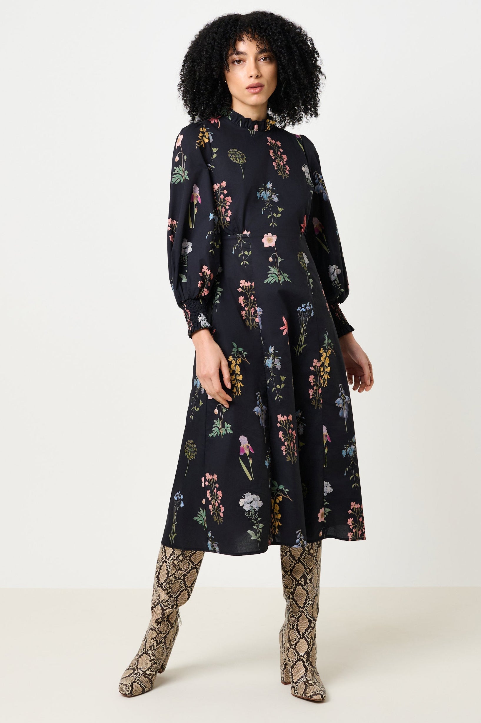 Jessie Flower Press Print Frill Neck Midi Dress
