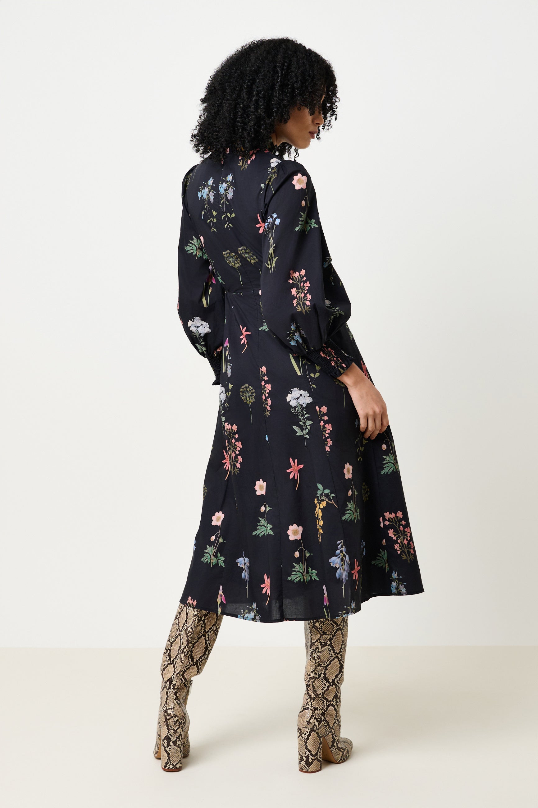 Jessie Flower Press Print Frill Neck Midi Dress