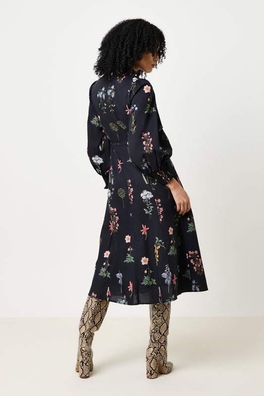 Jessie Flower Press Print Frill Neck Midi Dress