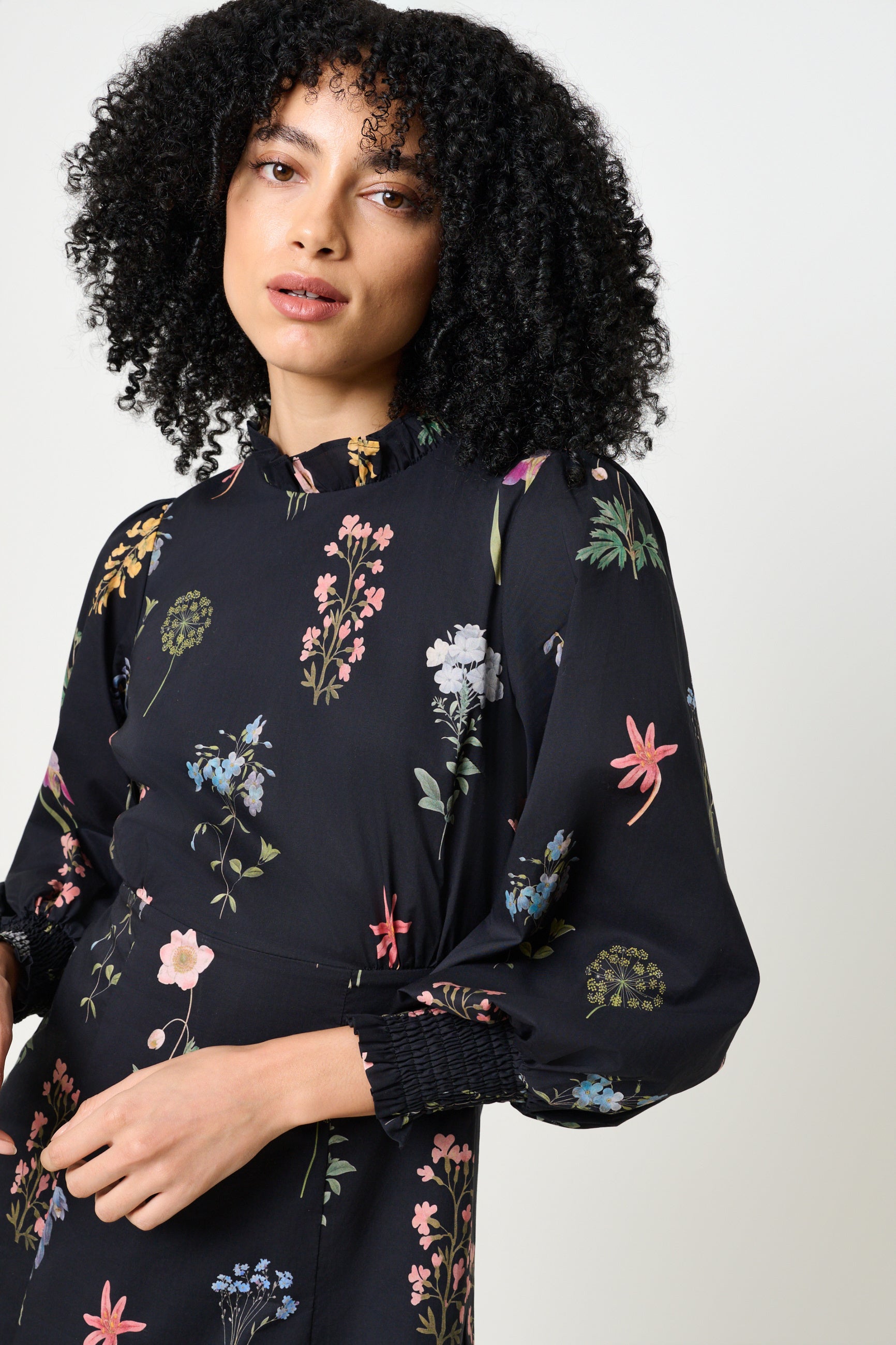 Jessie Flower Press Print Frill Neck Midi Dress - Detail 2
