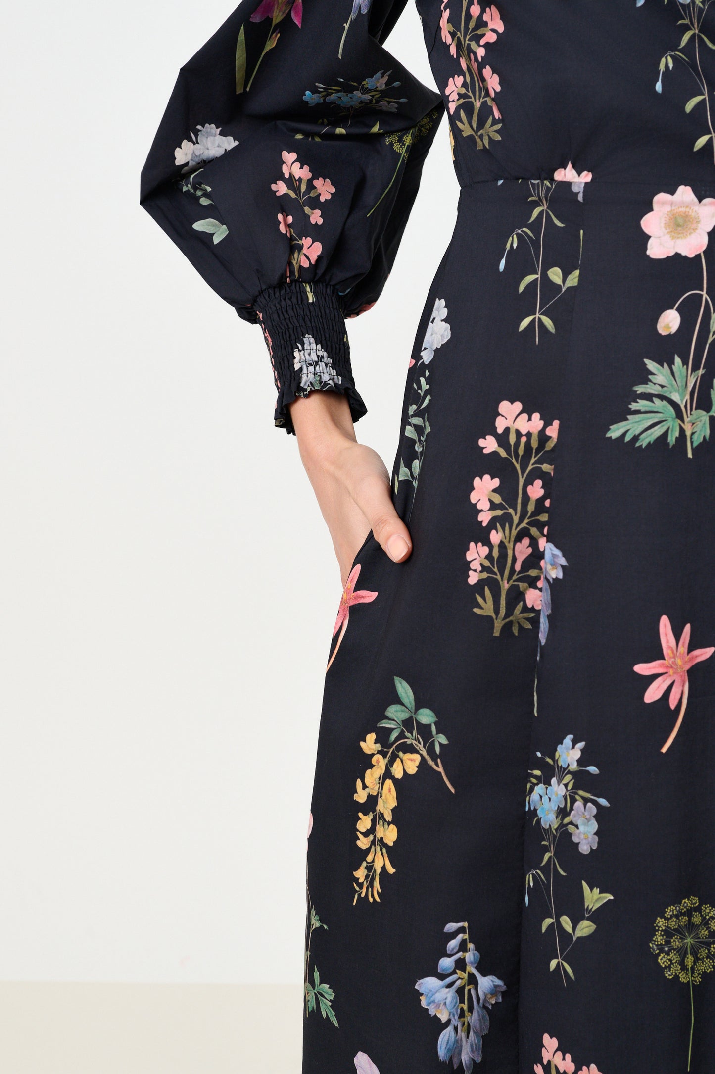 Jessie Flower Press Print Frill Neck Midi Dress