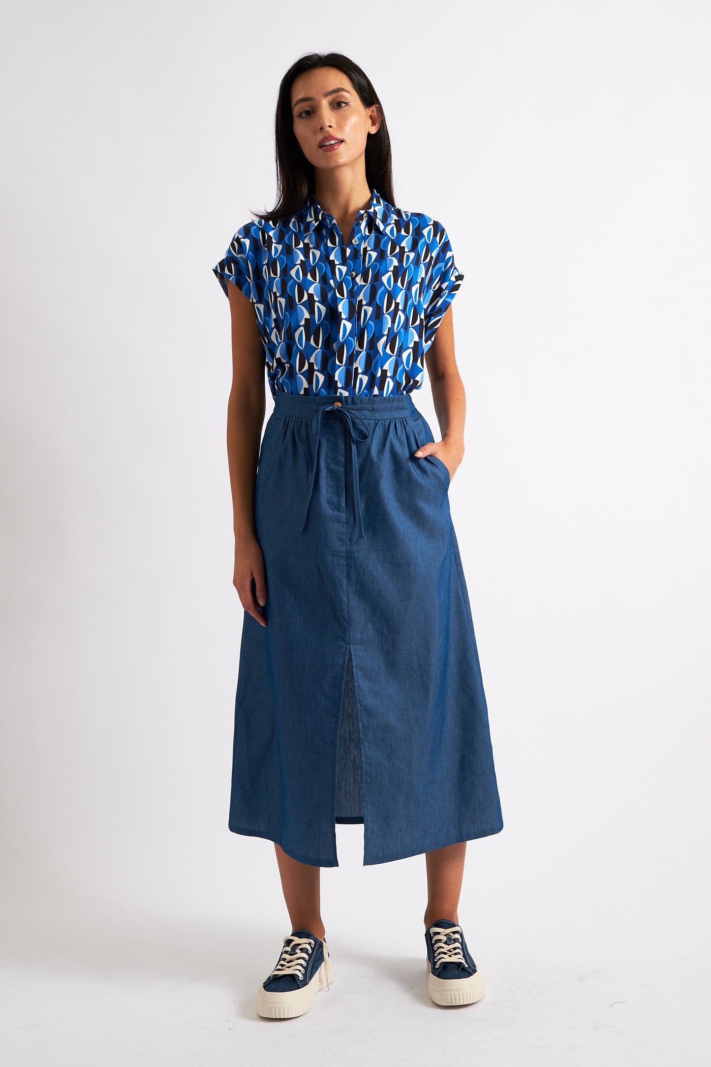 Jessy Chambray Straight Midi Skirt