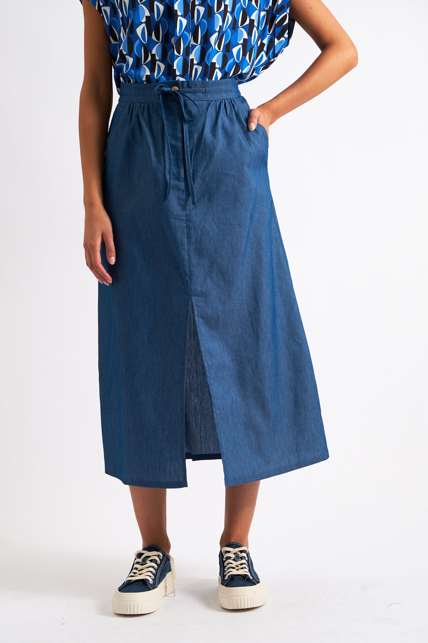 Jessy Chambray Straight Midi Skirt