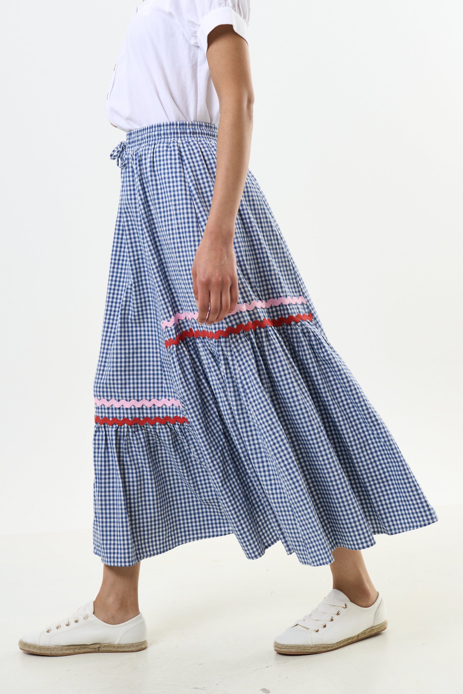 Jill Gingham Ric Rac Trim Tiered Midi Skirt - Blue