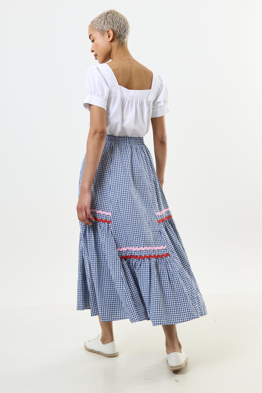 Jill Gingham Ric Rac Trim Tiered Midi Skirt - Blue