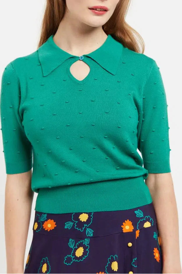 Josephina Raindrops Textured Short Sleeve Collared Sweater Green - Back