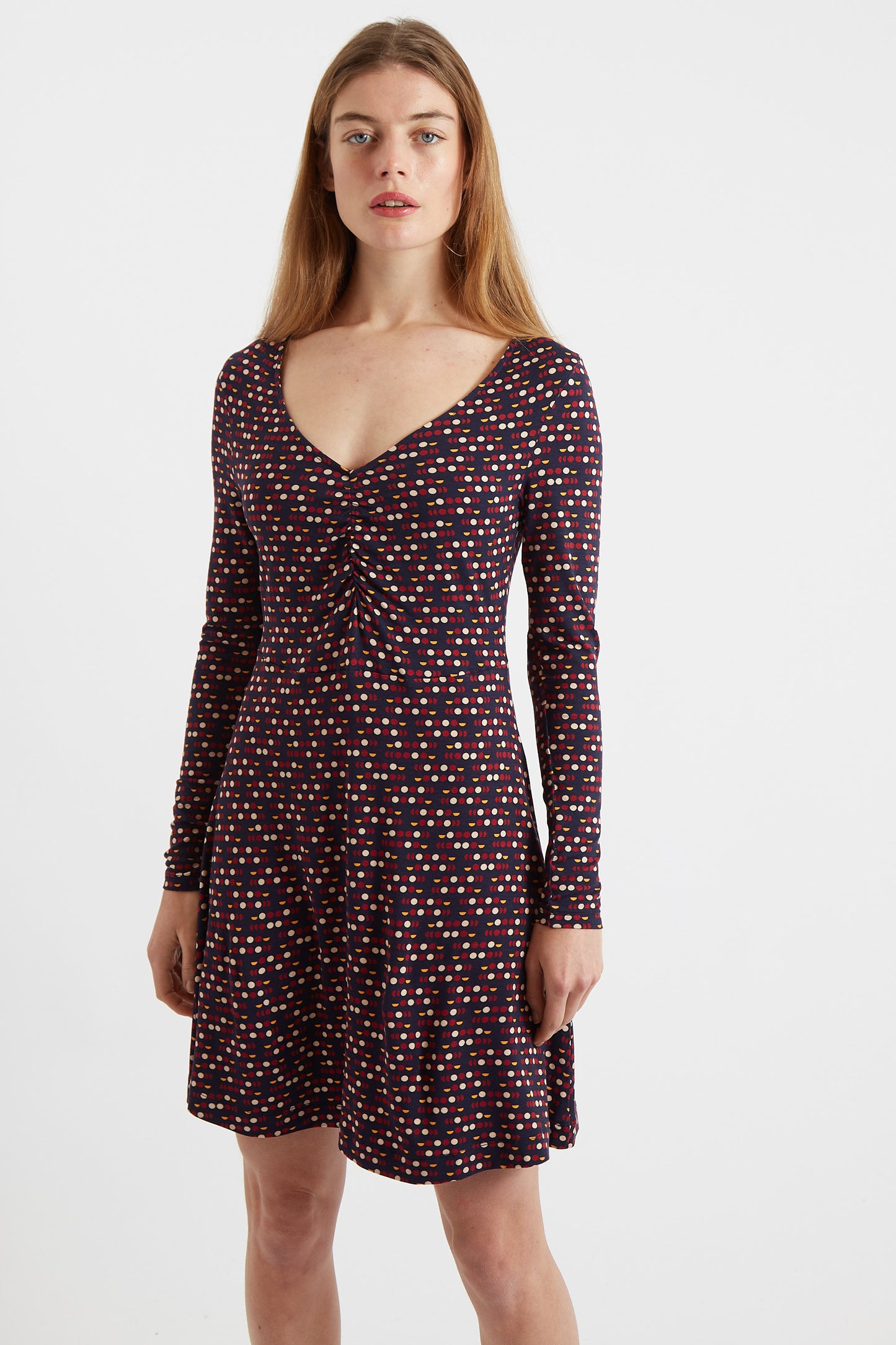 Jona Retro Dots Print Long Sleeve Mini Dress