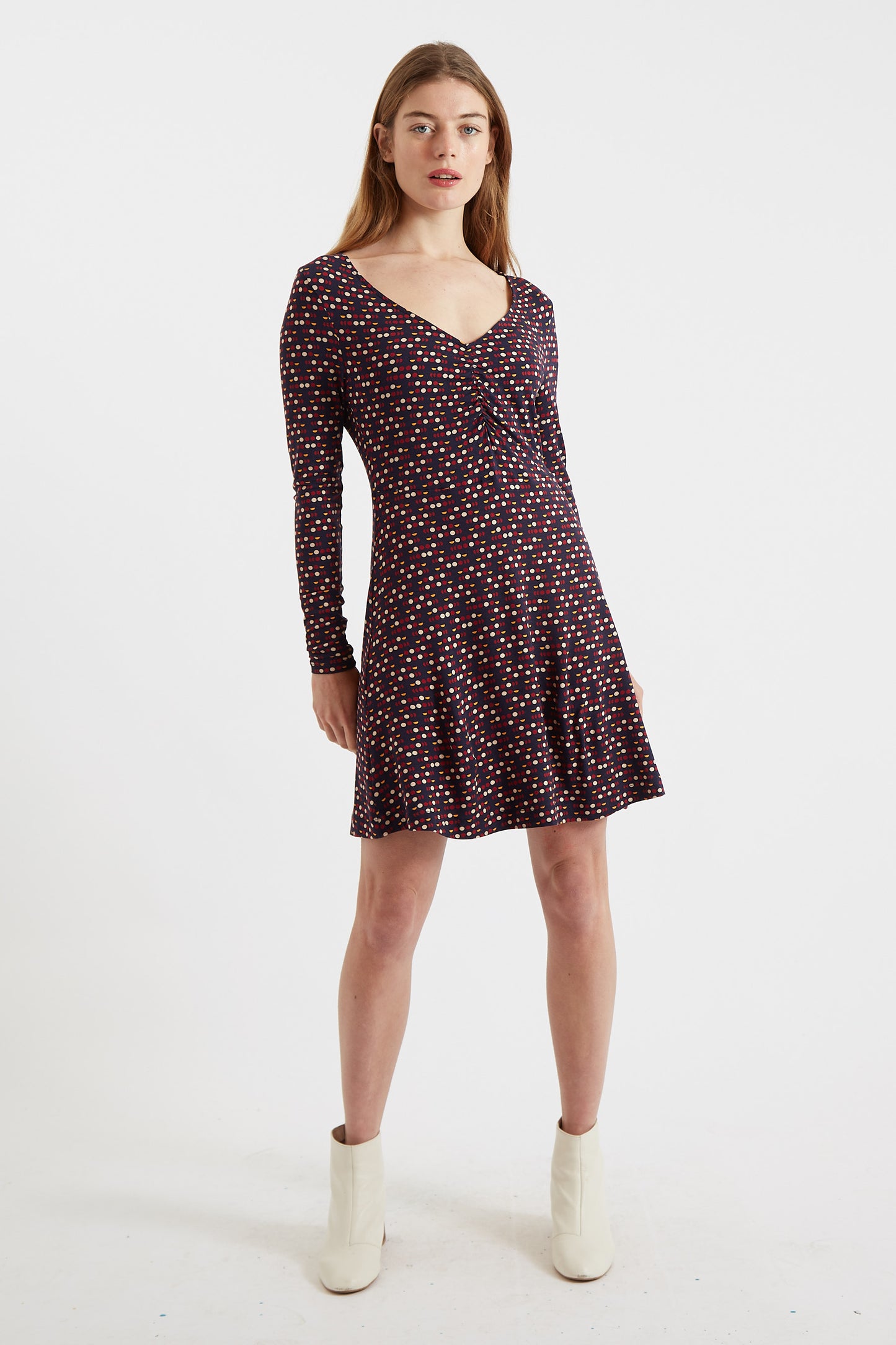 Jona Retro Dots Print Long Sleeve Mini Dress