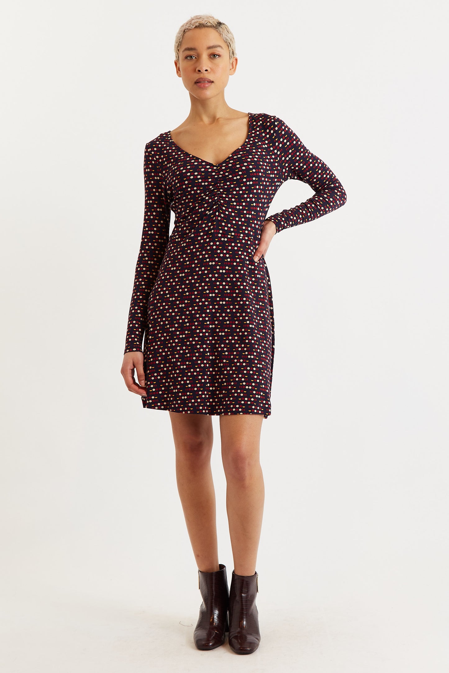 Jona Retro Dots Print Long Sleeve Mini Dress