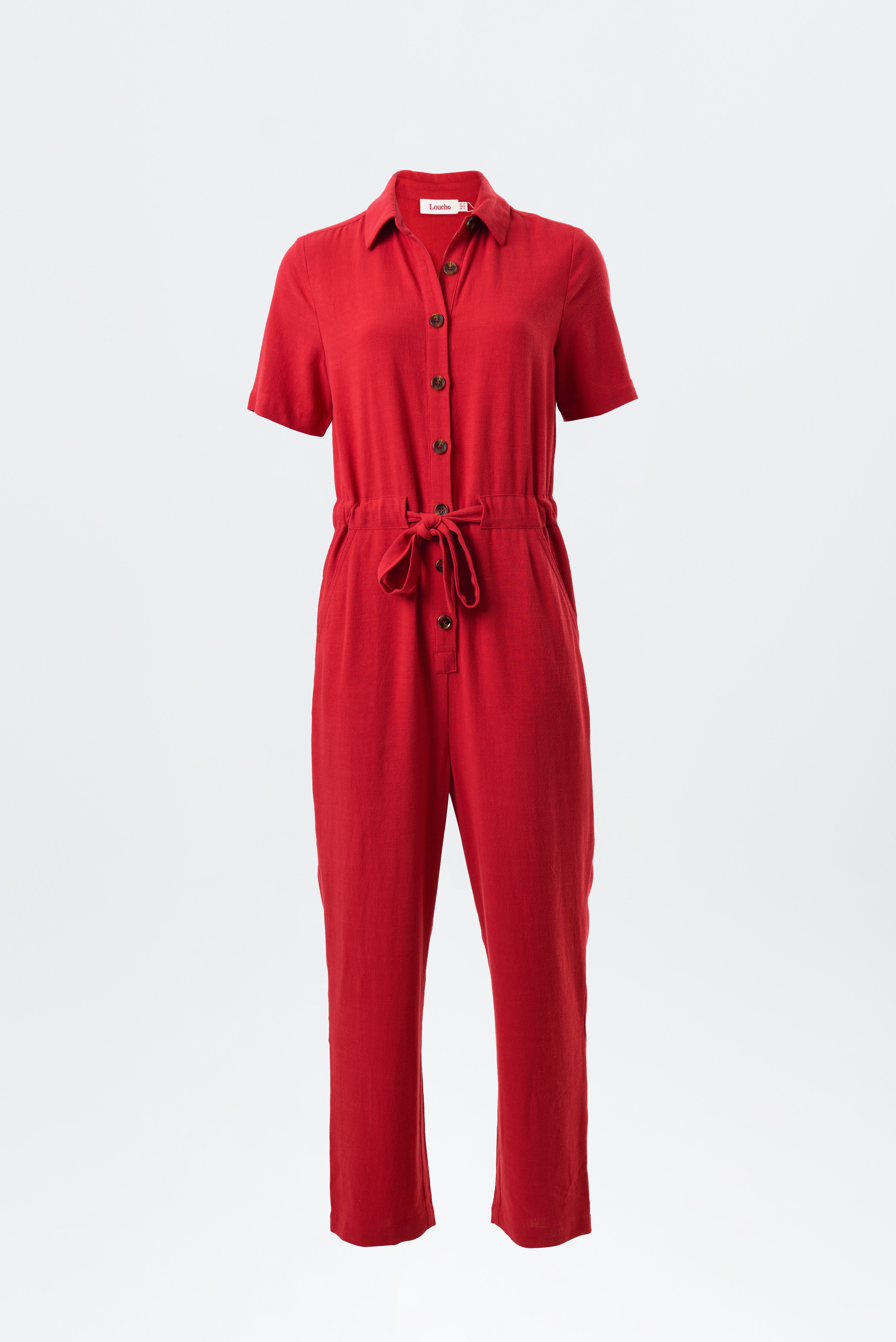 Justin Linen Mix Short Sleeve Jumpsuit - Red - Detail 4