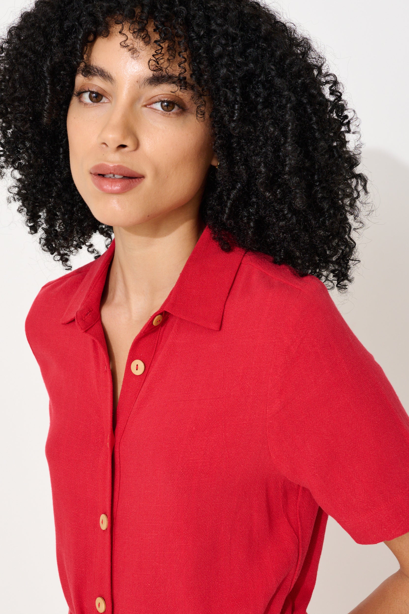 Justin Linen Mix Short Sleeve Jumpsuit - Red - Detail 2