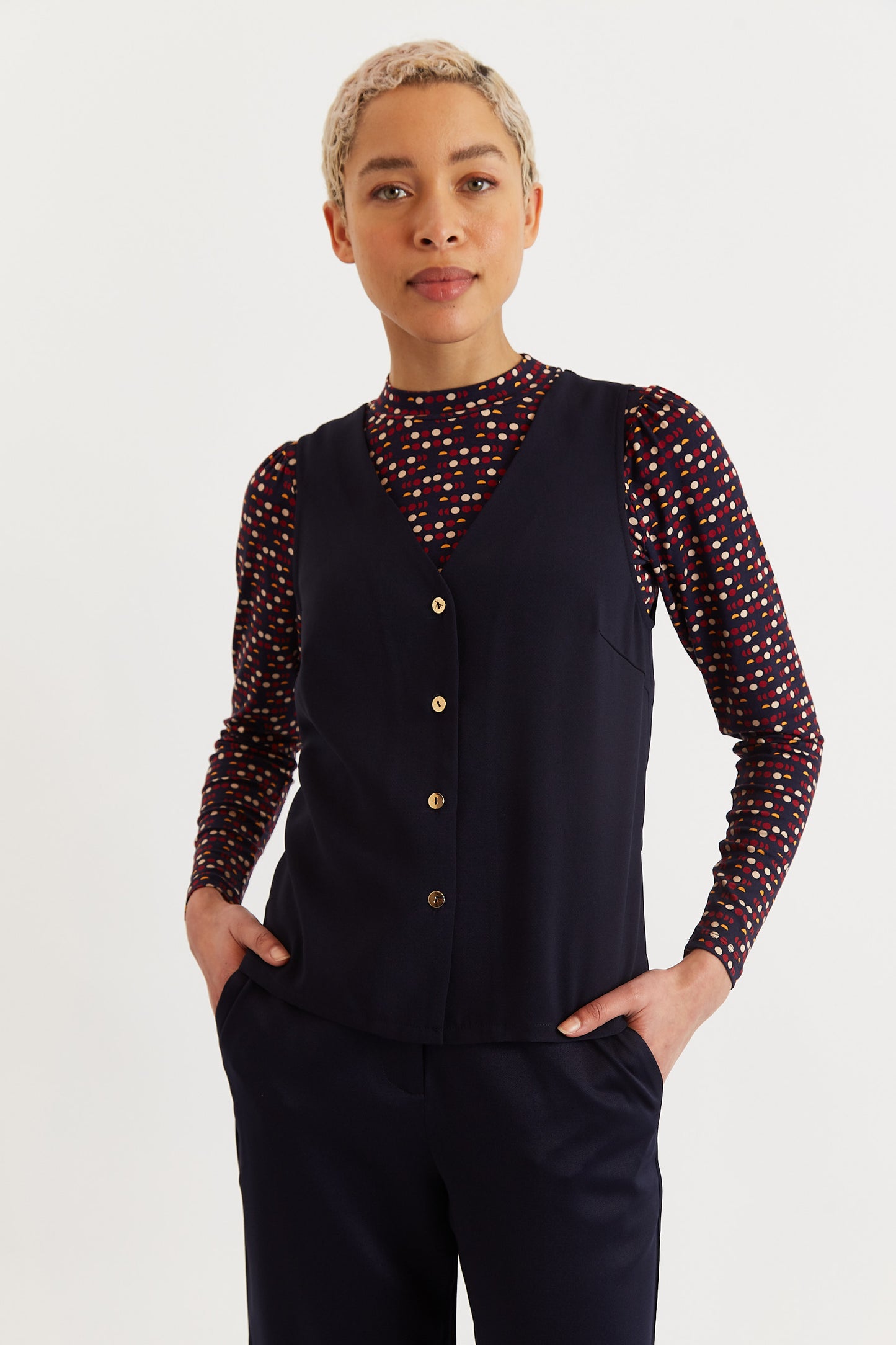 Sustainable Fabric Button Up Sleeveless Waistcoat in Navy