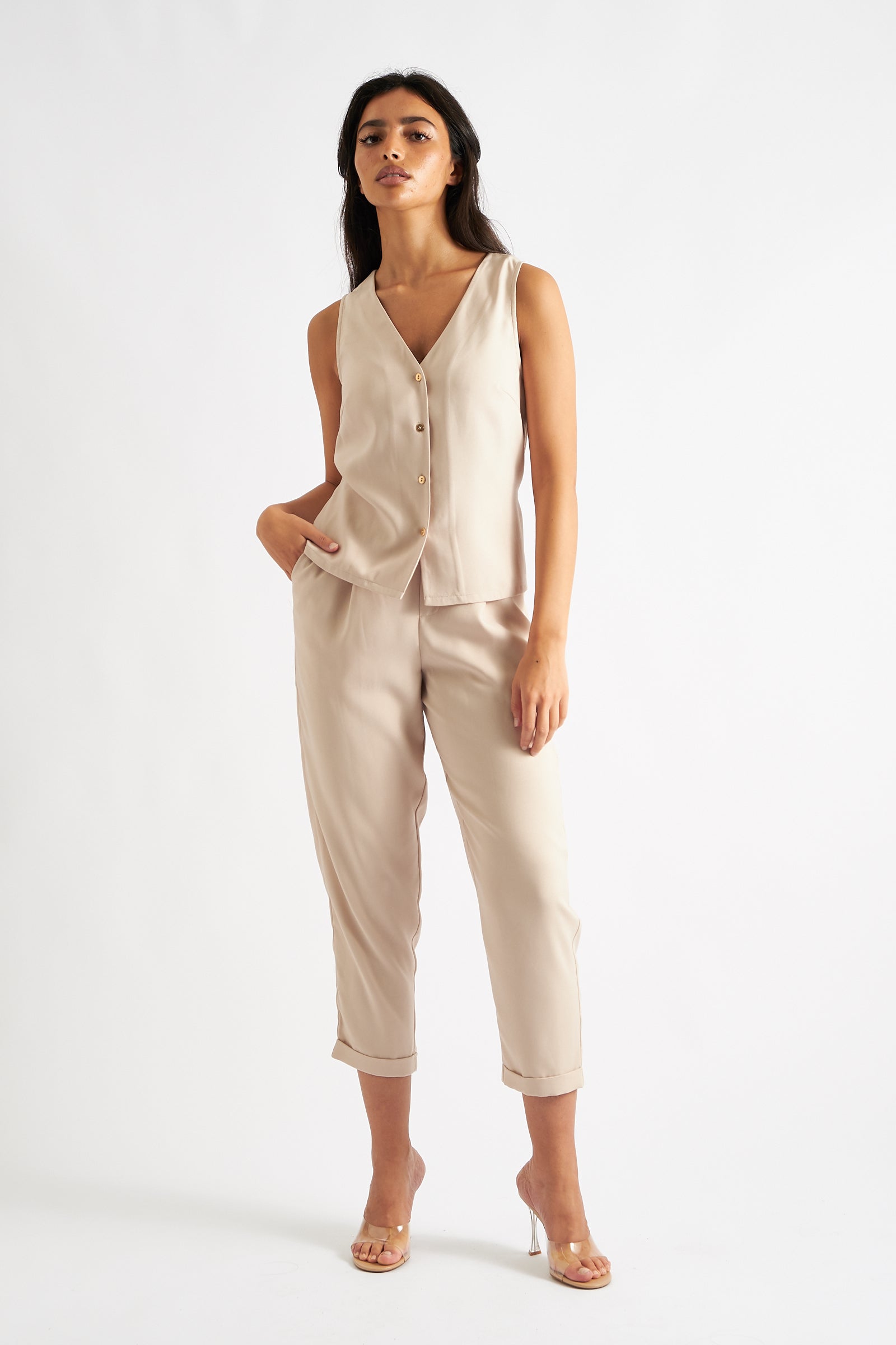 Sustainable Fabric Sleeveless Button Waistcoat in Camel