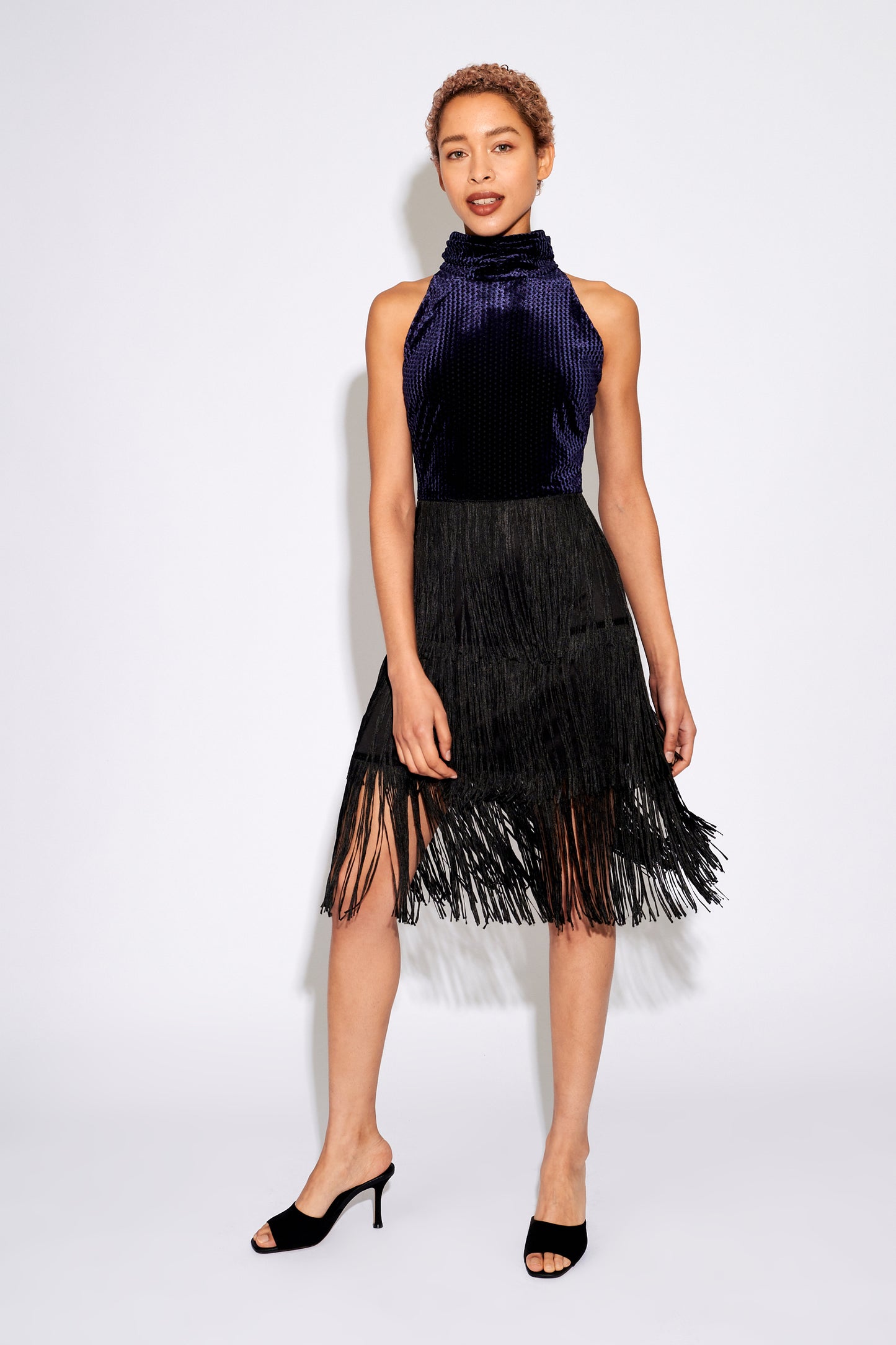 Karene Fringe Skirt Velvet Mini Dress in Navy