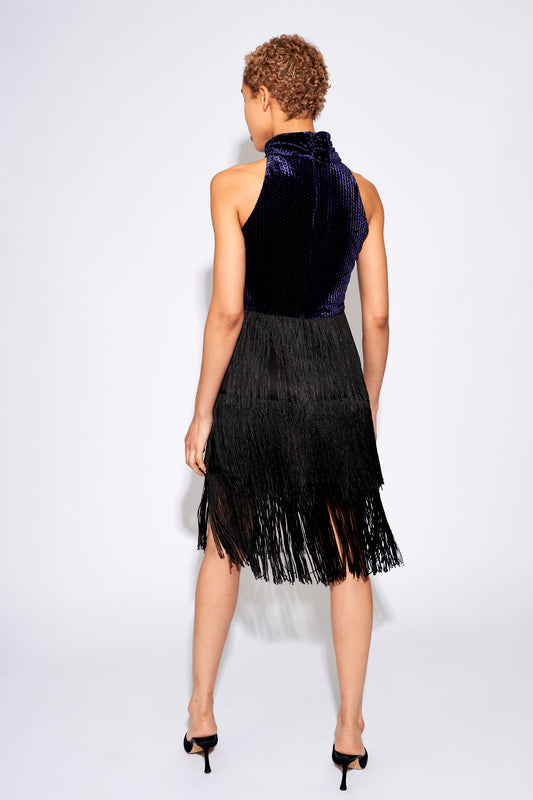 Karene Fringe Skirt Velvet Mini Dress in Navy