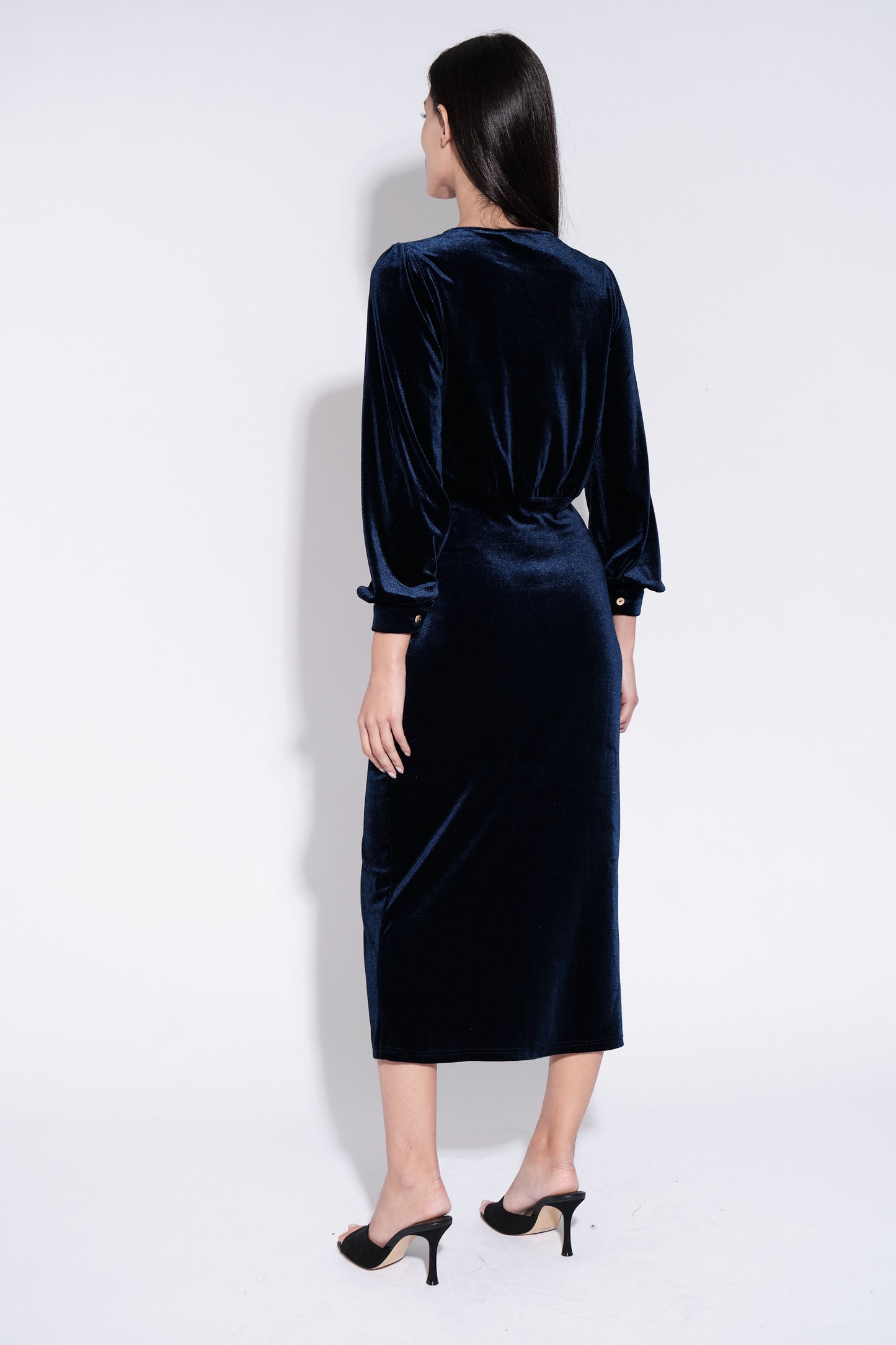 Karen Velvet Wrap Midi Dress in Navy