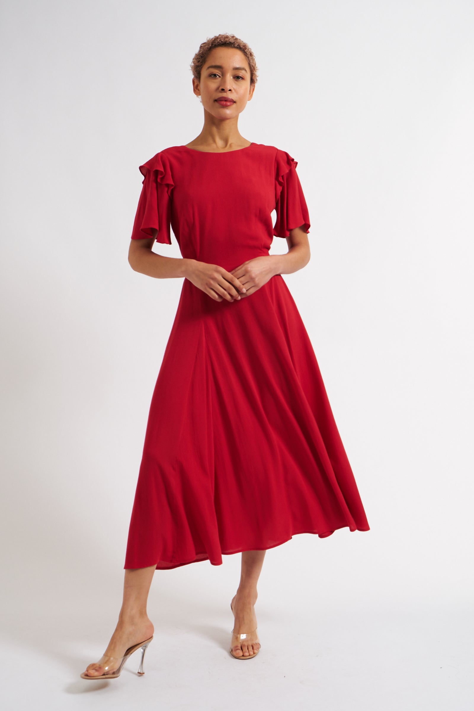 Katleen Crepe Flutter Sleeve Midi Dress - Red