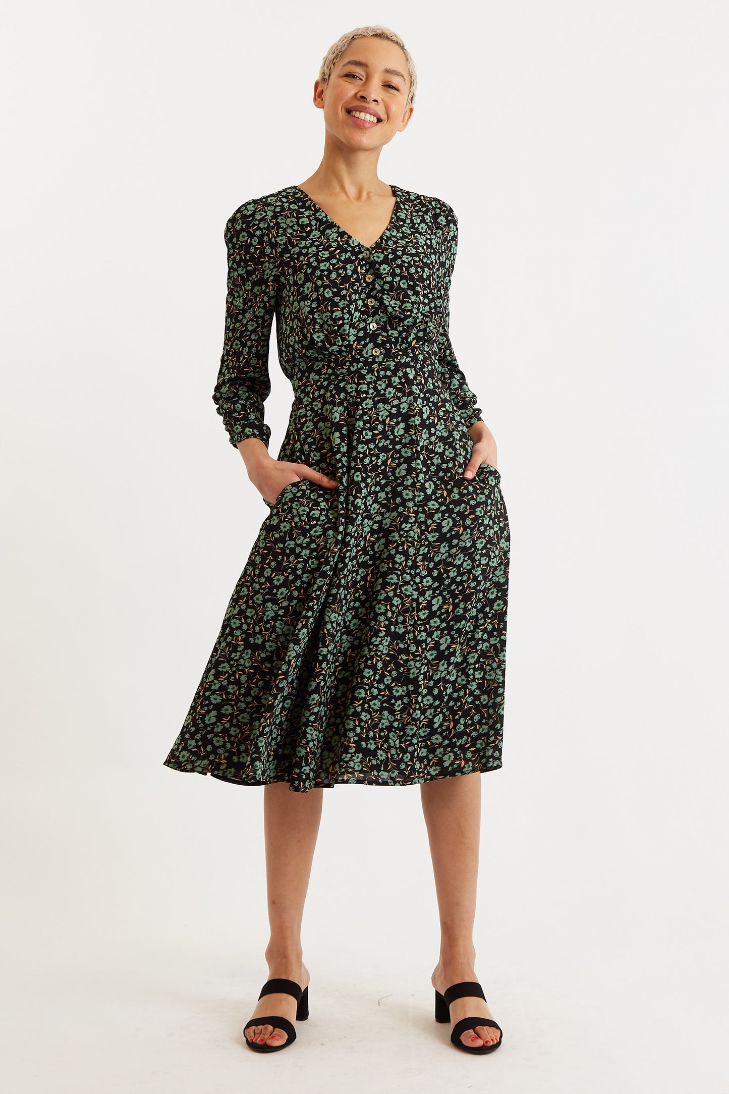 Kathlyn Fleur Vert Print Long Sleeve Midi Dress