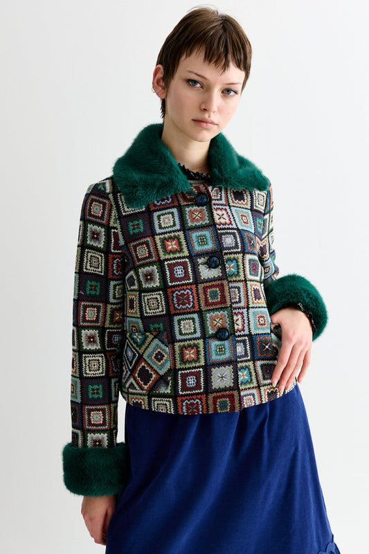 Kent 70'S Patch Jacquard Fur Trim Cropped Jacket