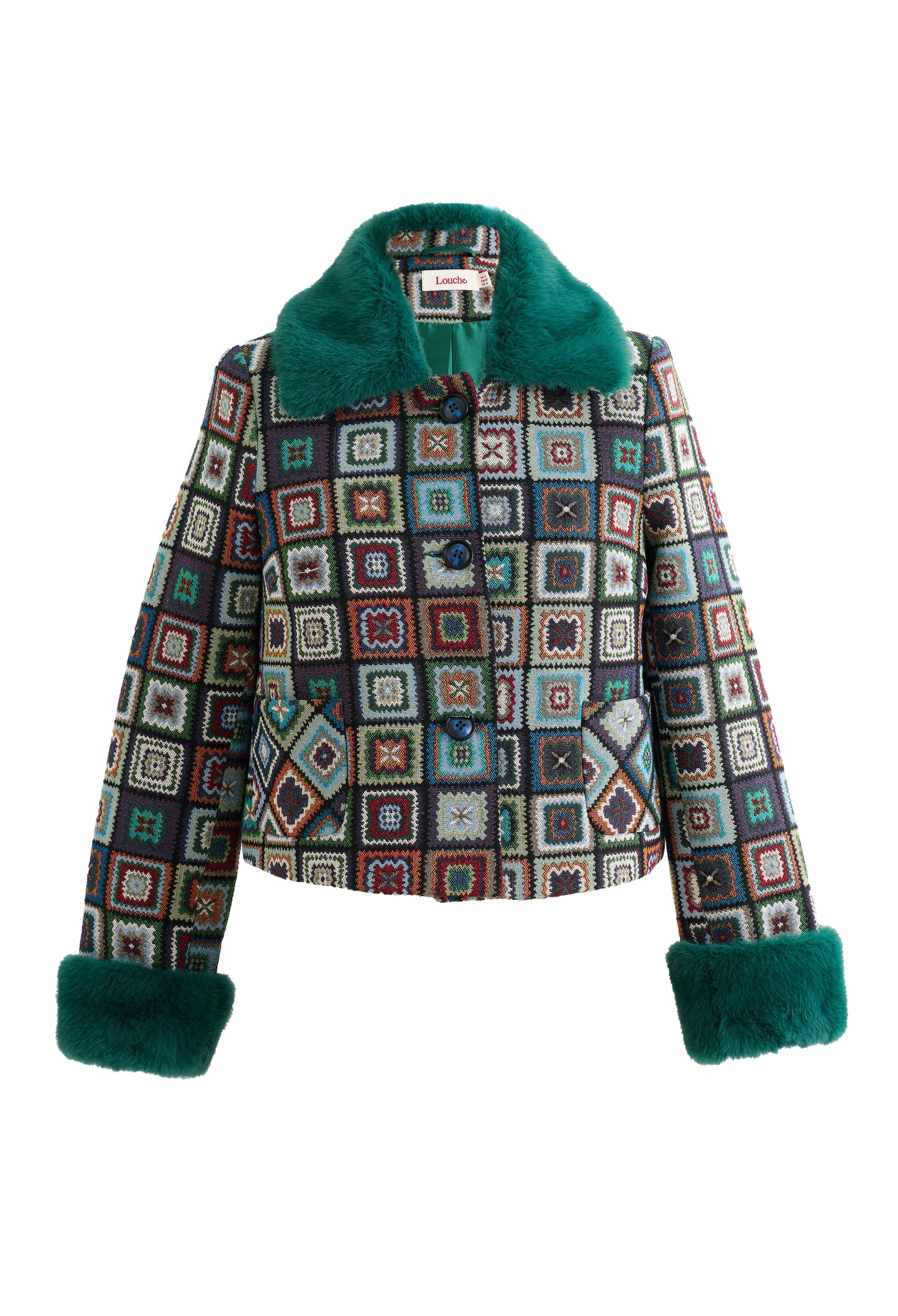 Kent 70'S Patch Jacquard Fur Trim Cropped Jacket