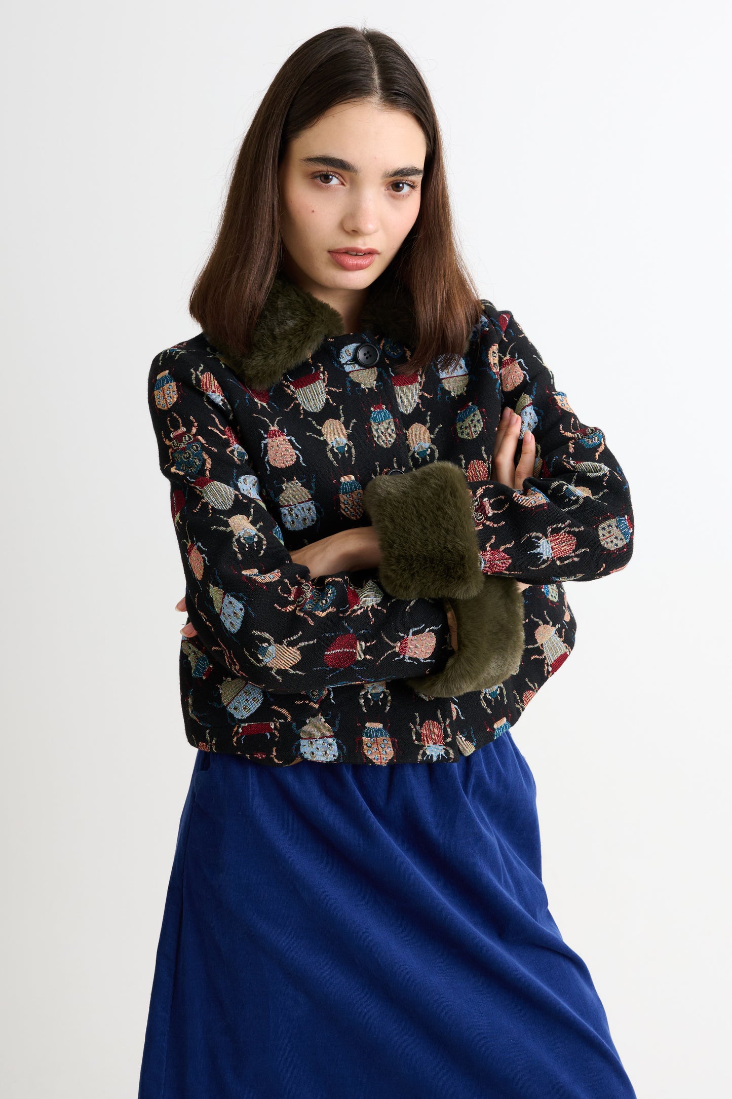 Kent Beetlejuice Jacquard Fur Trim Cropped Jacket