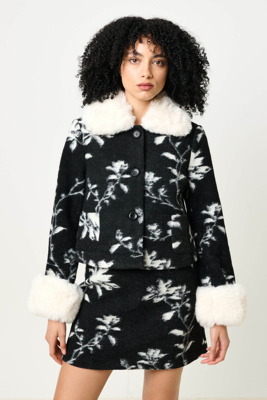 Kent Power Bloom Fur Collar And Cuff Jacket - Black & White