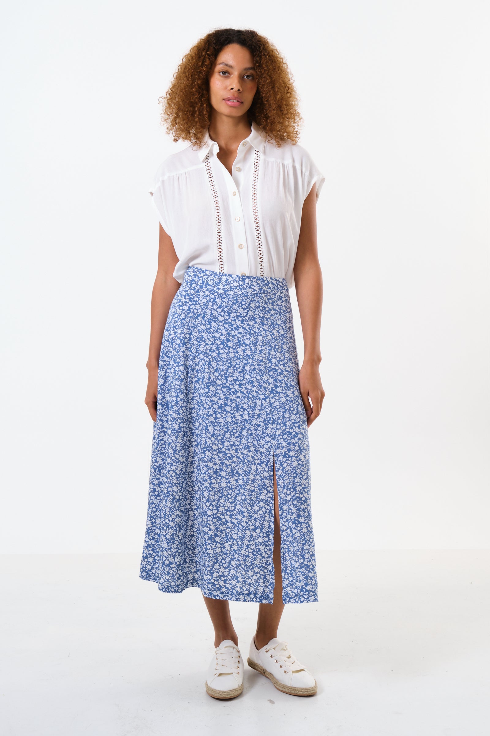 Kiyo Micro Blossom Print Midi Skirt In Blue - Detail 3