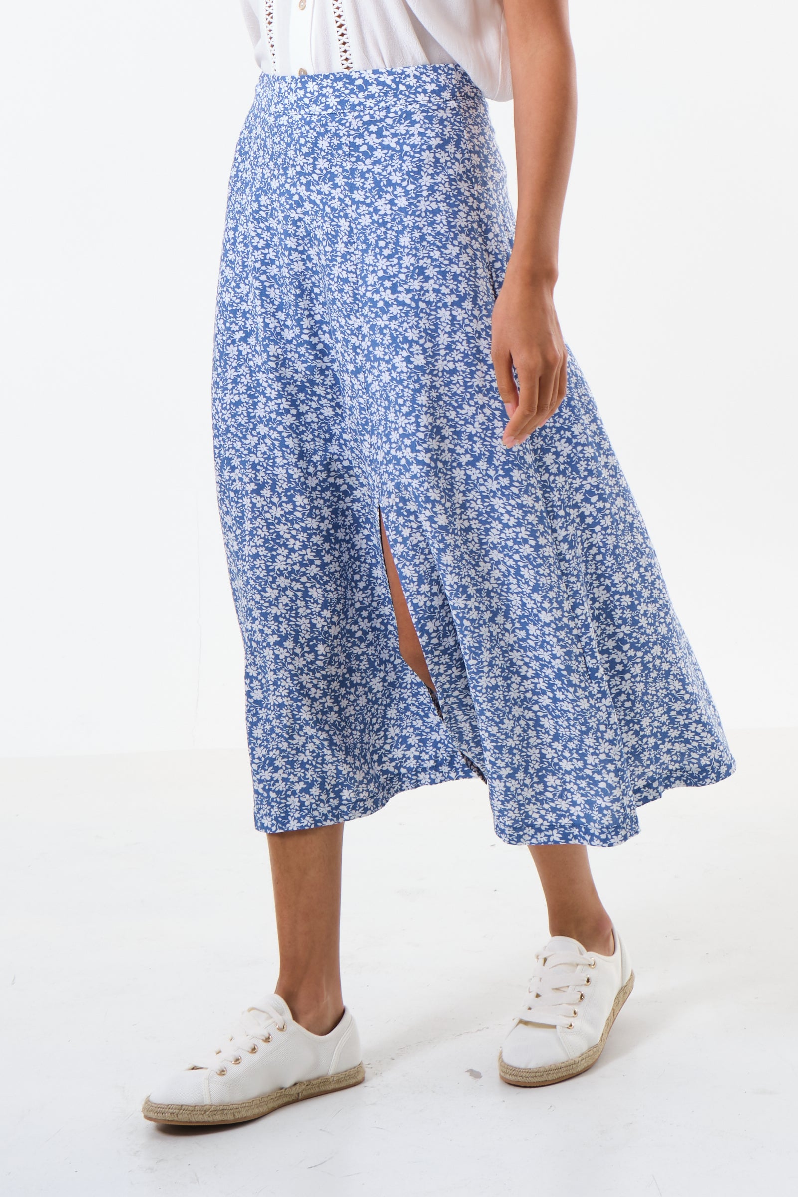 Kiyo Micro Blossom Print Midi Skirt In Blue - Detail 2