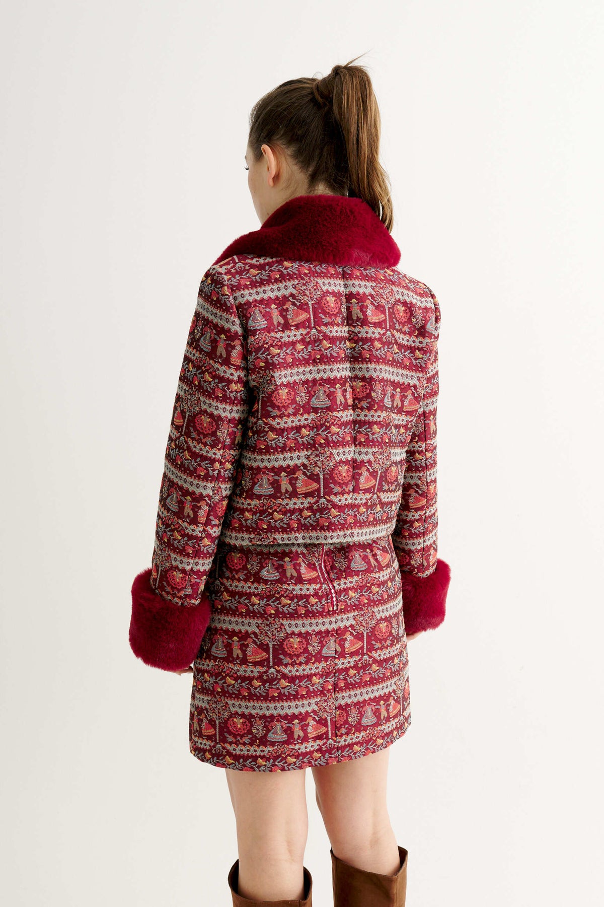 Kent Heirloom Fur Trim Cropped Jacket - Wine