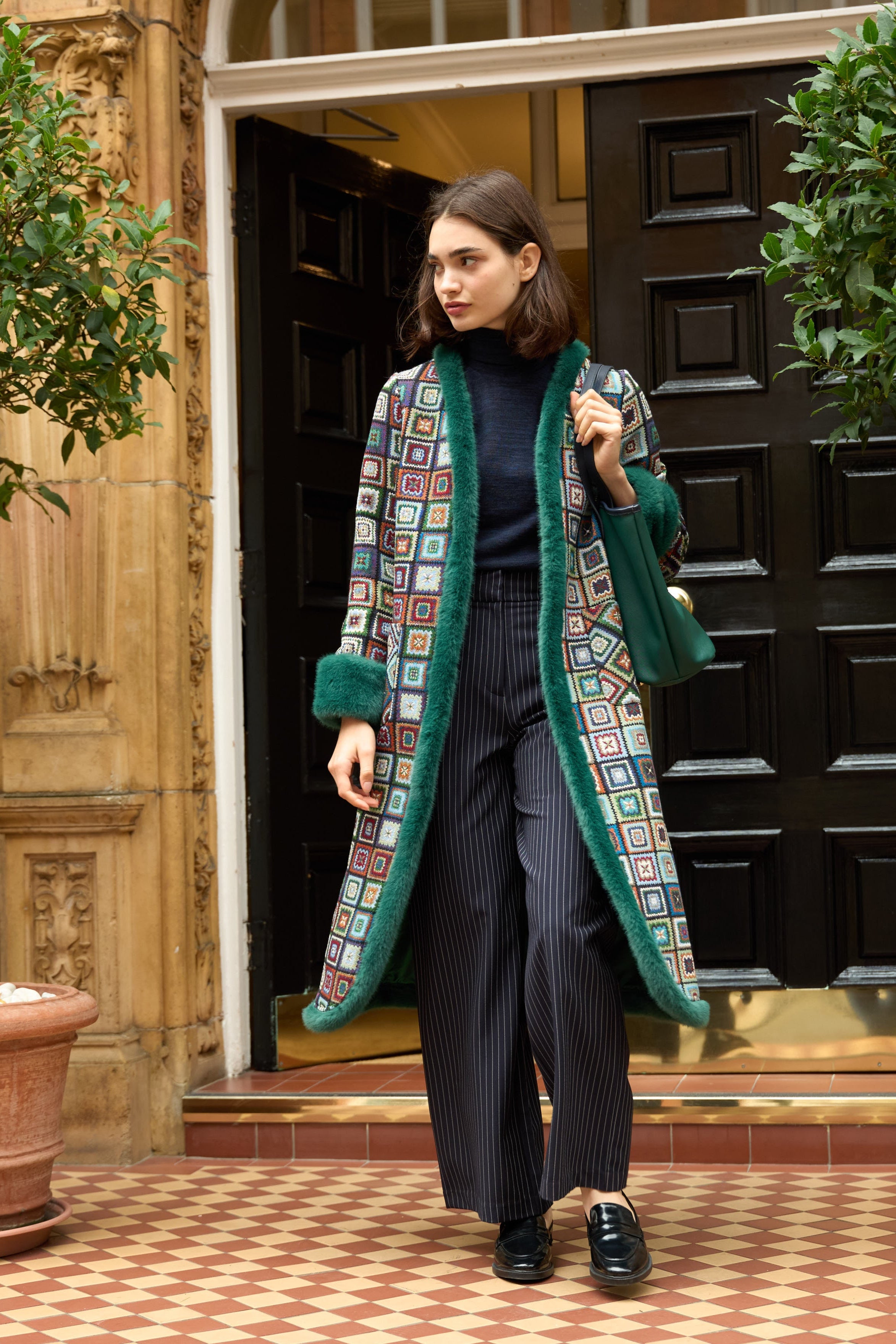 Delphia 70'S Patch Jacquard Fur Trim Coat