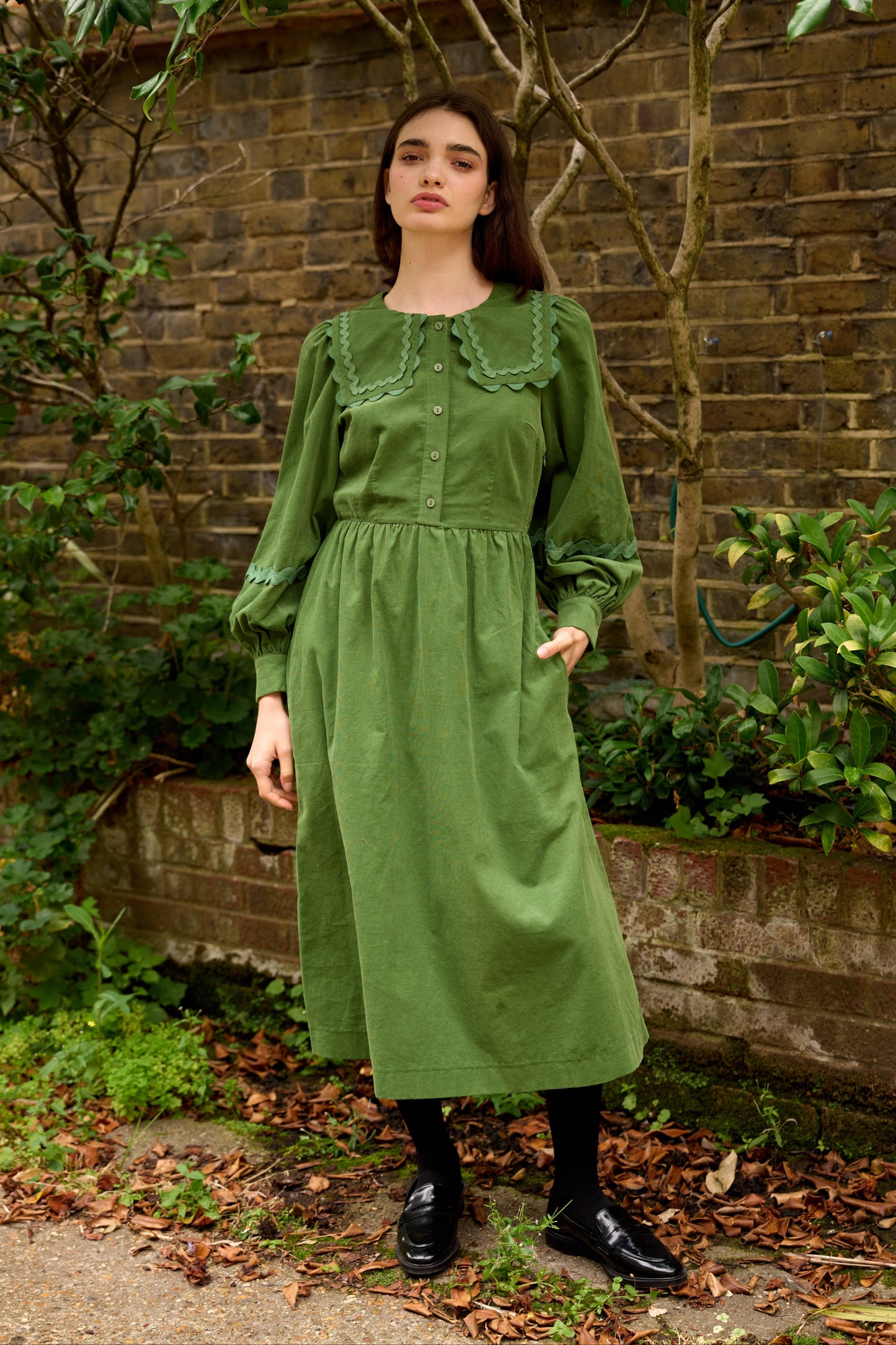 Prudence Babycord Big Collar Ric Rac Trim Midi Dress - Olive