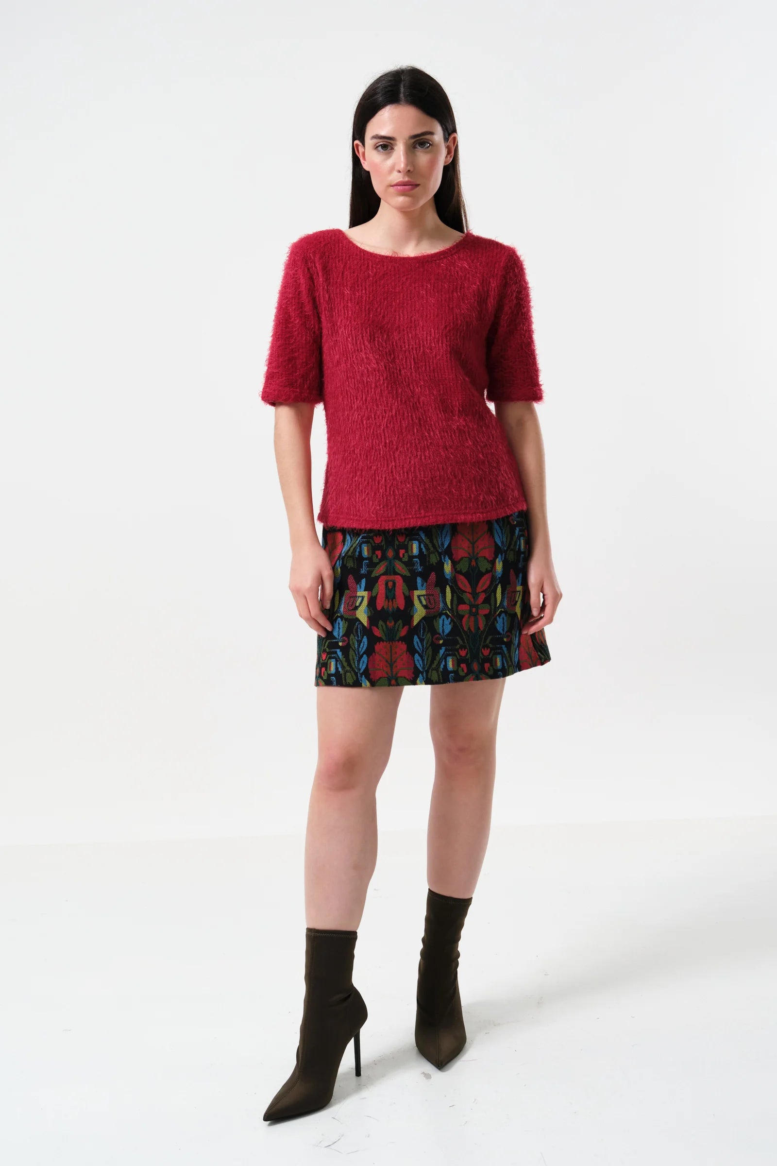 Laureen Eyelash Rib Short Sleeve Jumper - Red - Detail 2