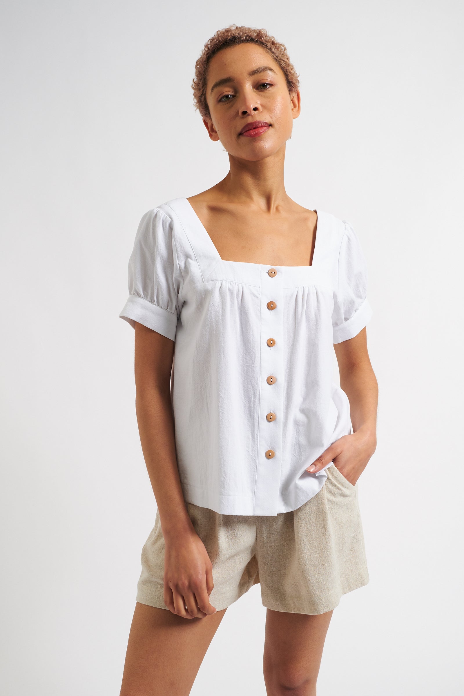 Lea Recycled Cotton Square Neck Short Sleeve White Blouse