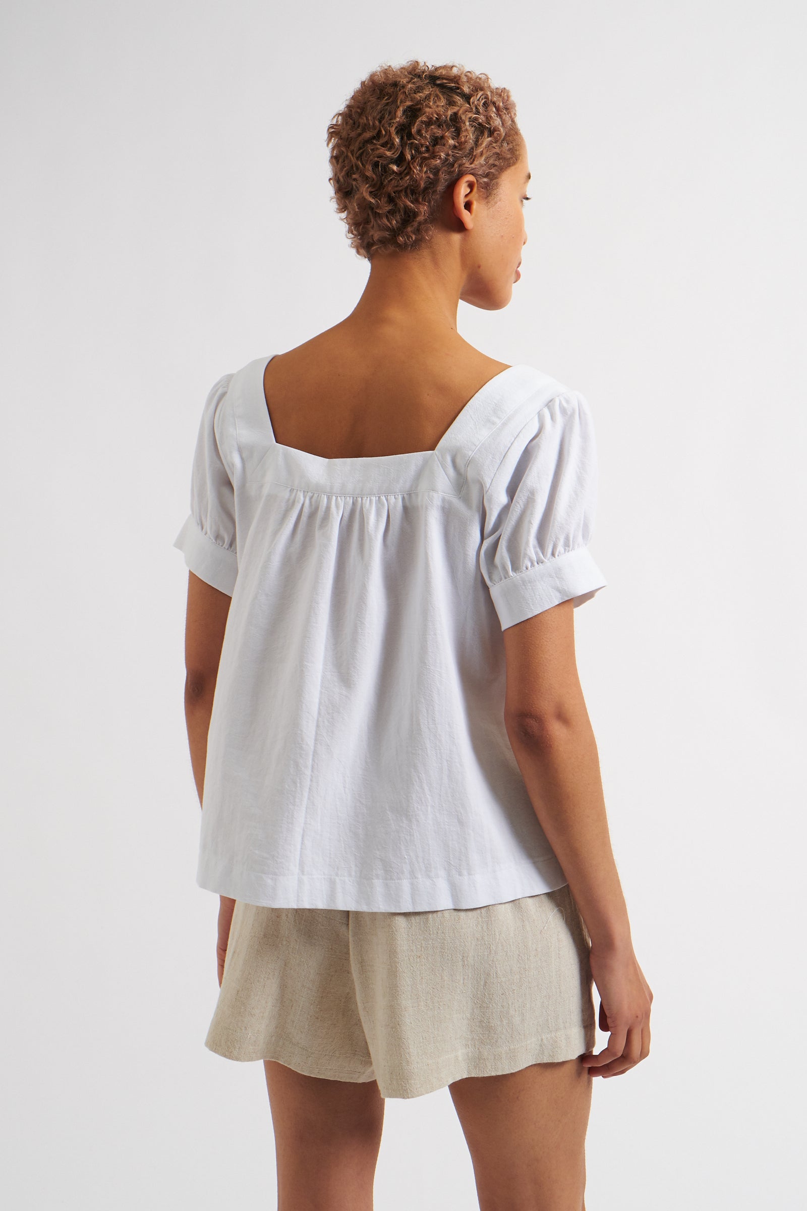 Lea Recycled Cotton Square Neck Short Sleeve White Blouse