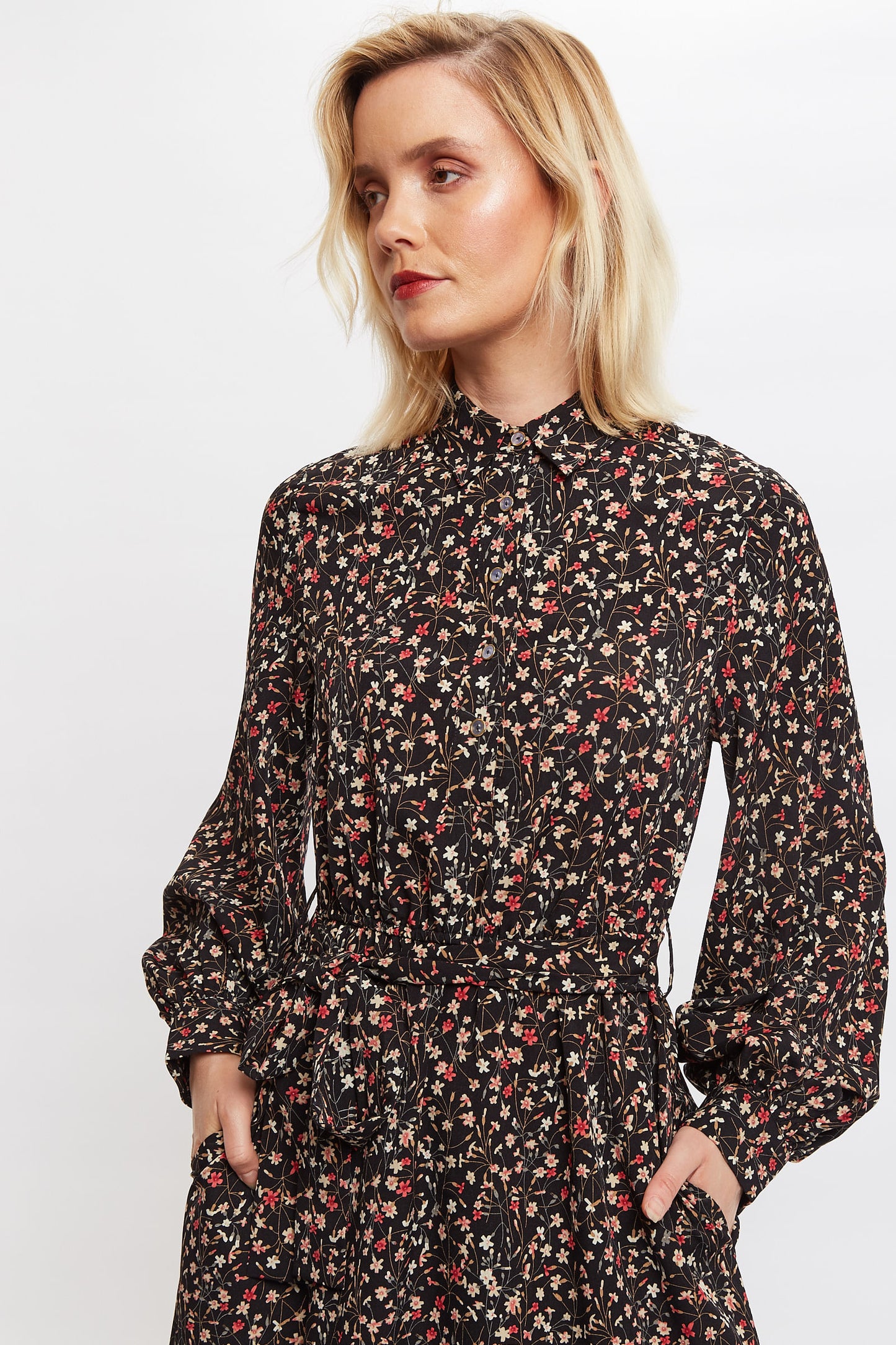 Louche Leonie Wax Flower Long Sleeve Midi Shirtdress