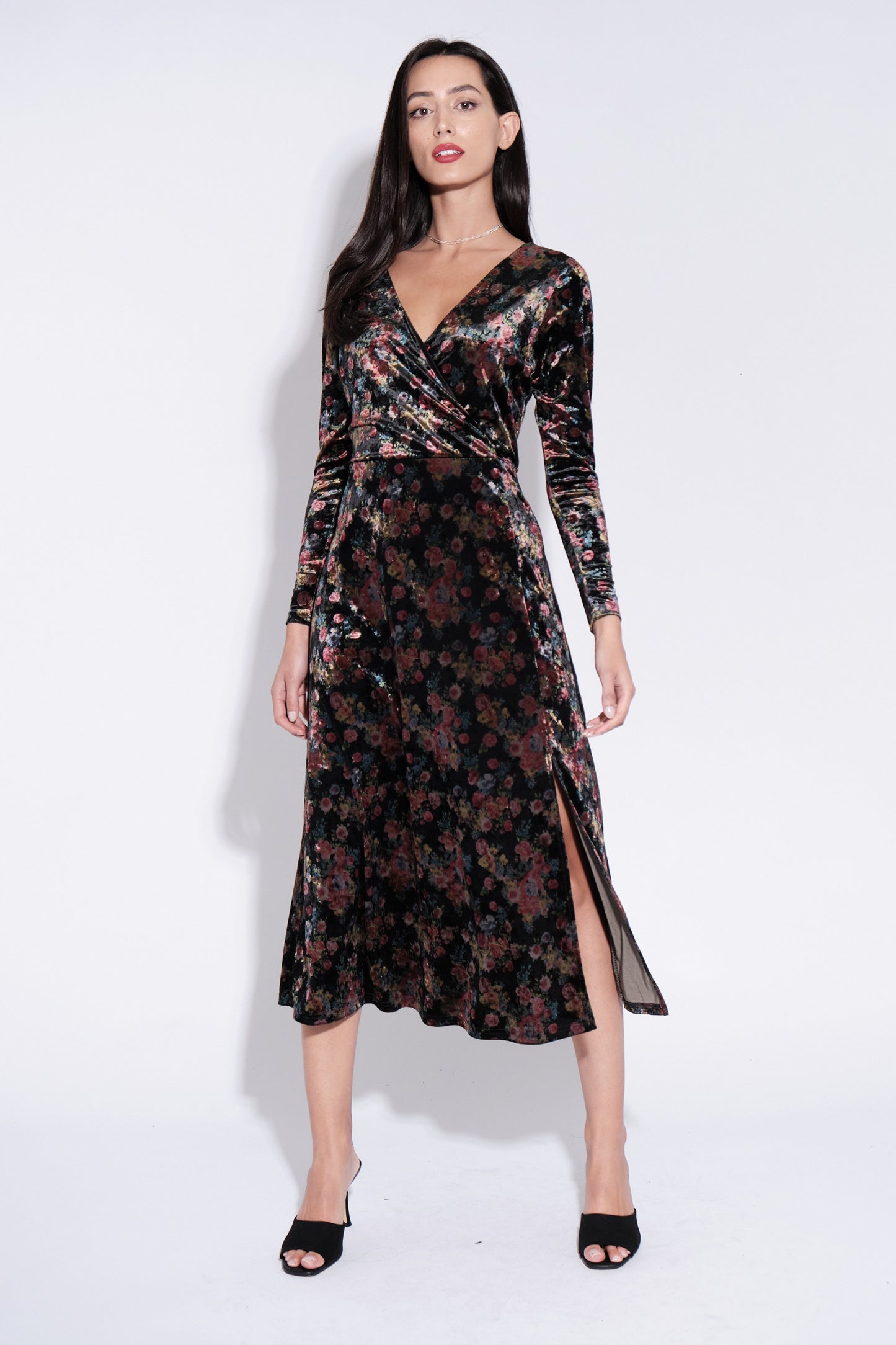 Lesley Rose Bowl Print Velvet Wrap Midi Dress