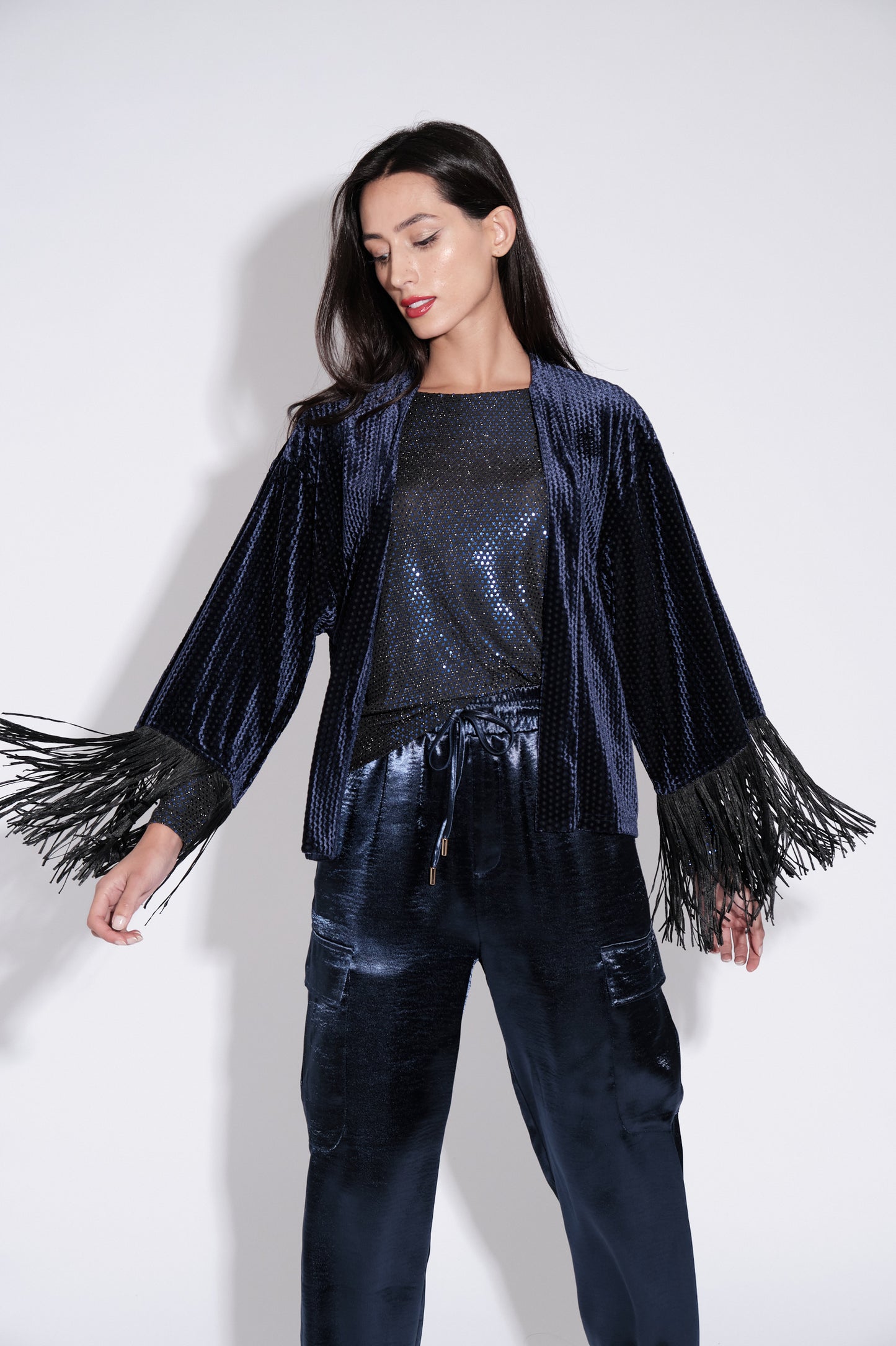 Lilo Fringe Trim Velvet Kimono