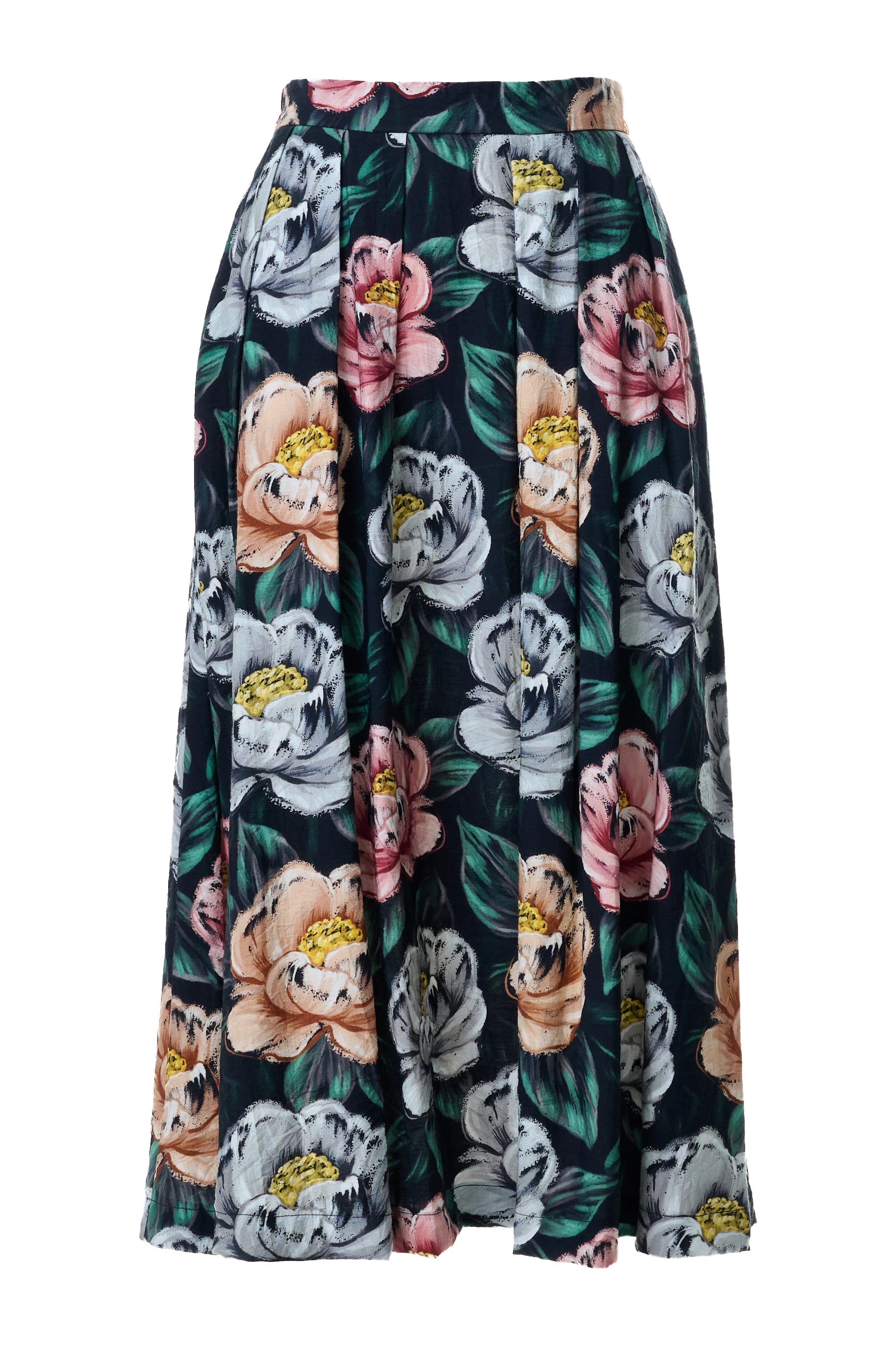 Lizea Peonies Print Pleated Midi Skirt - Black - Styled