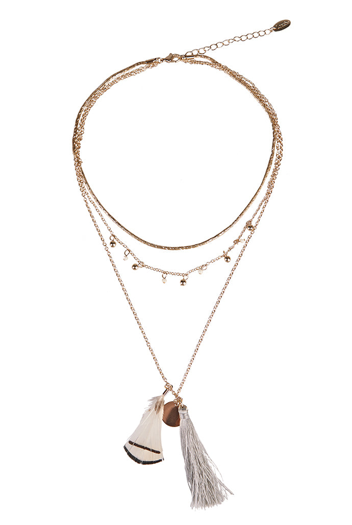 Louche Lalana Grey And White Feather Tassel Layer Necklace Gold