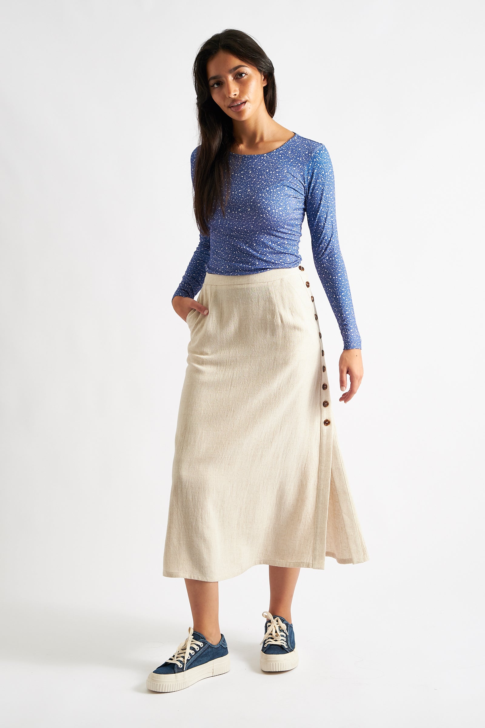 Lloyd Linen Mix Side Button Midi Skirt - Natural