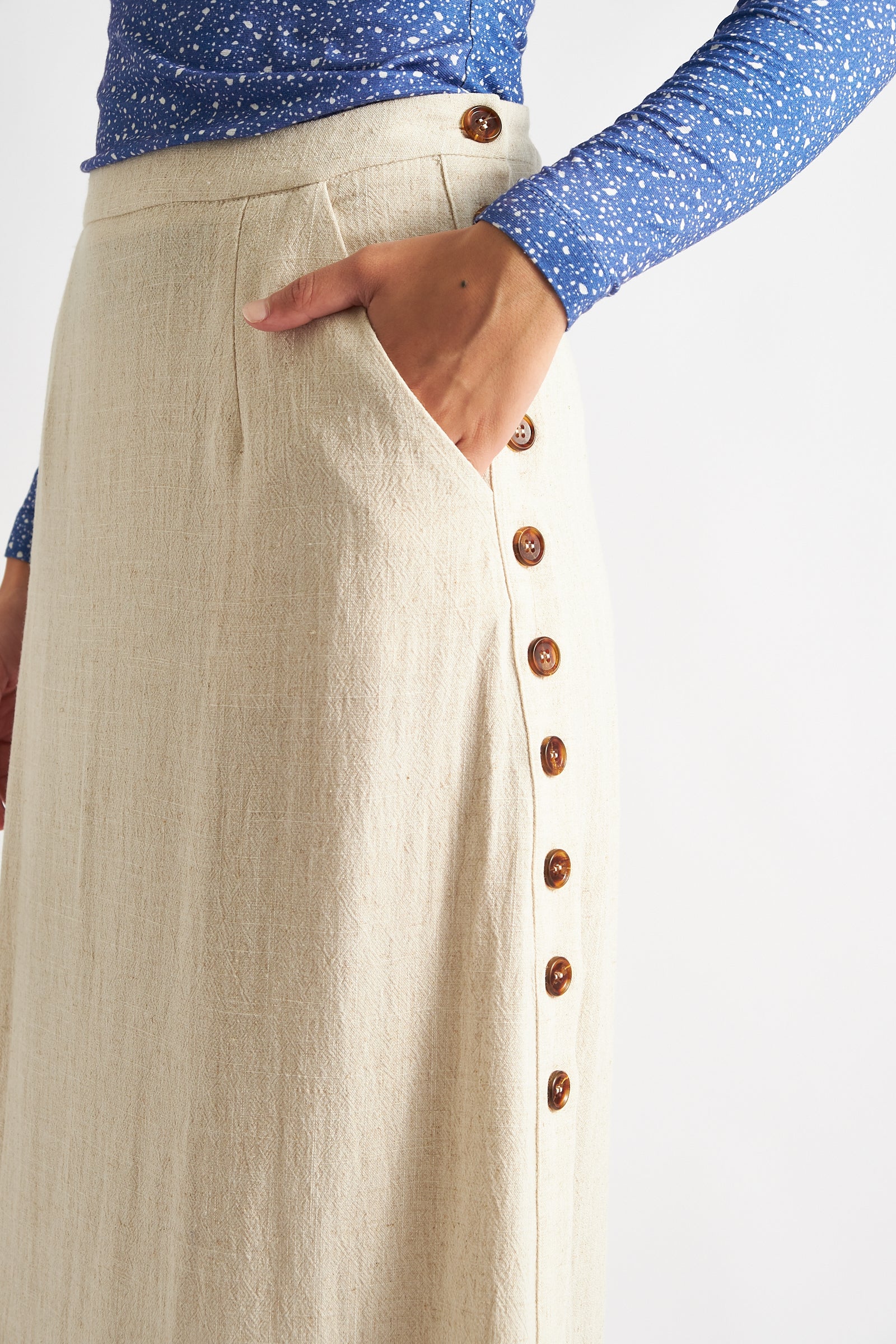 Lloyd Linen Mix Side Button Midi Skirt - Natural