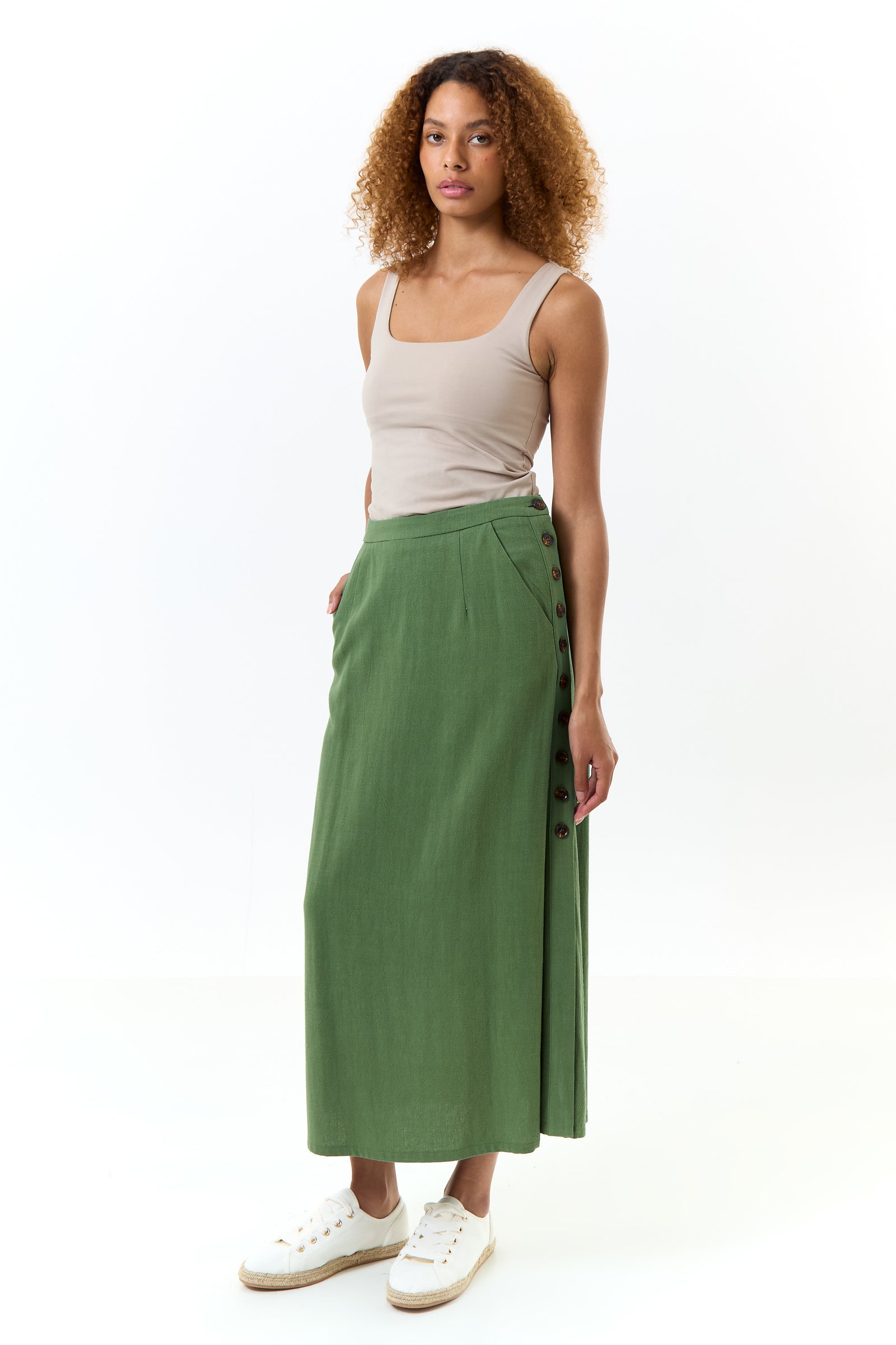 Lloyd Linen Mix Side Button Midi Skirt - Green