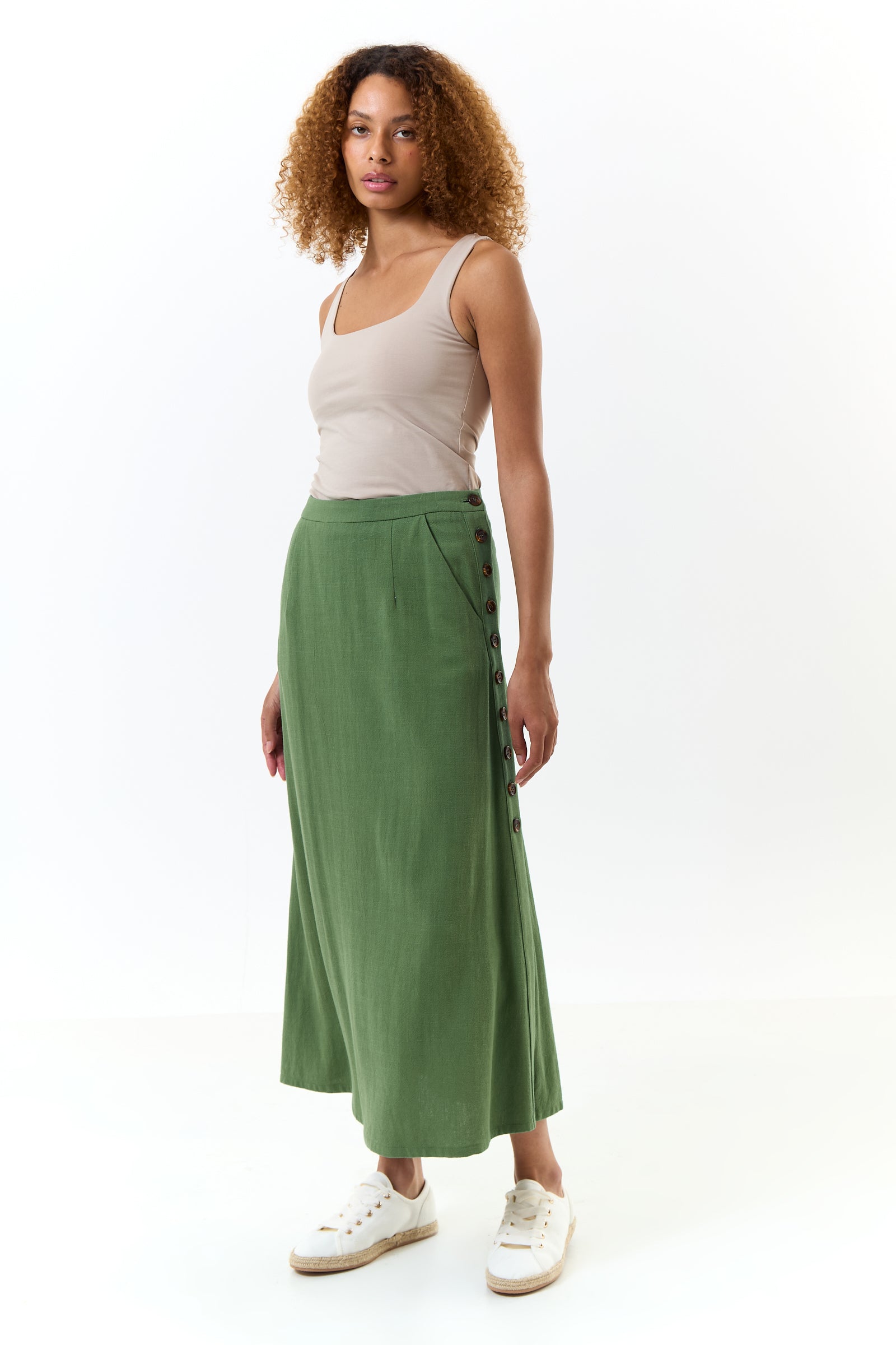 Lloyd Linen Mix Side Button Midi Skirt - Green