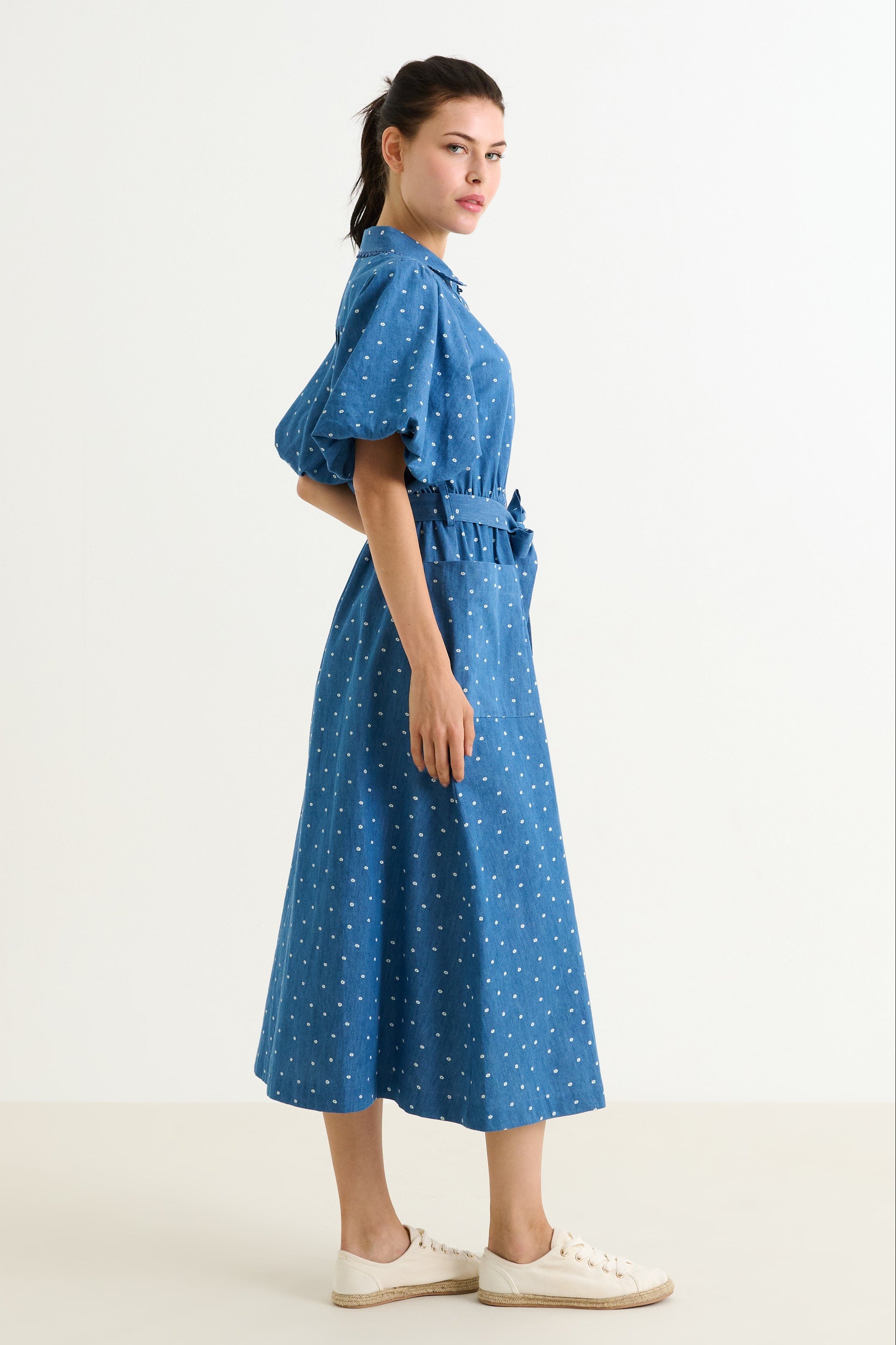 Lola Flower Dot Print Balloon Sleeve Shirtdress - Blue