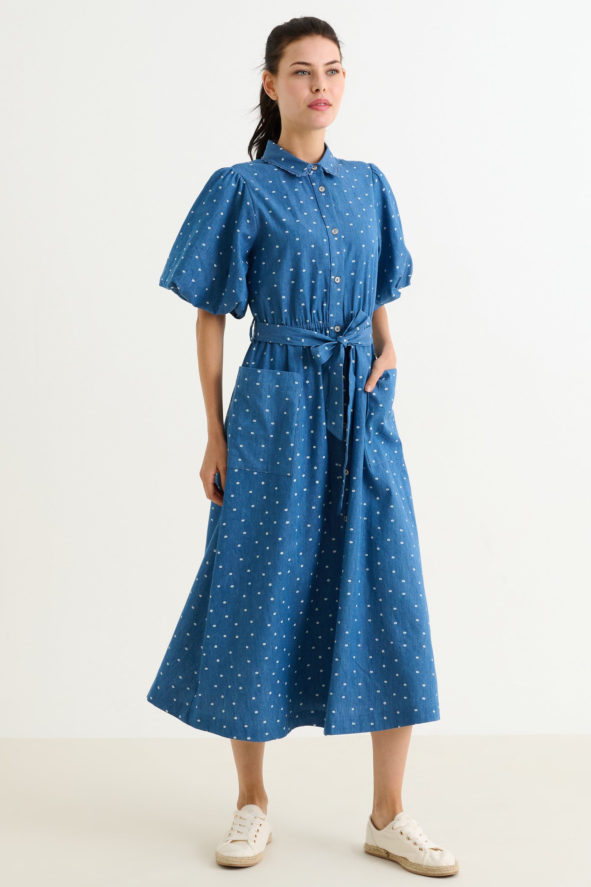 Lola Flower Dot Print Balloon Sleeve Shirtdress - Blue