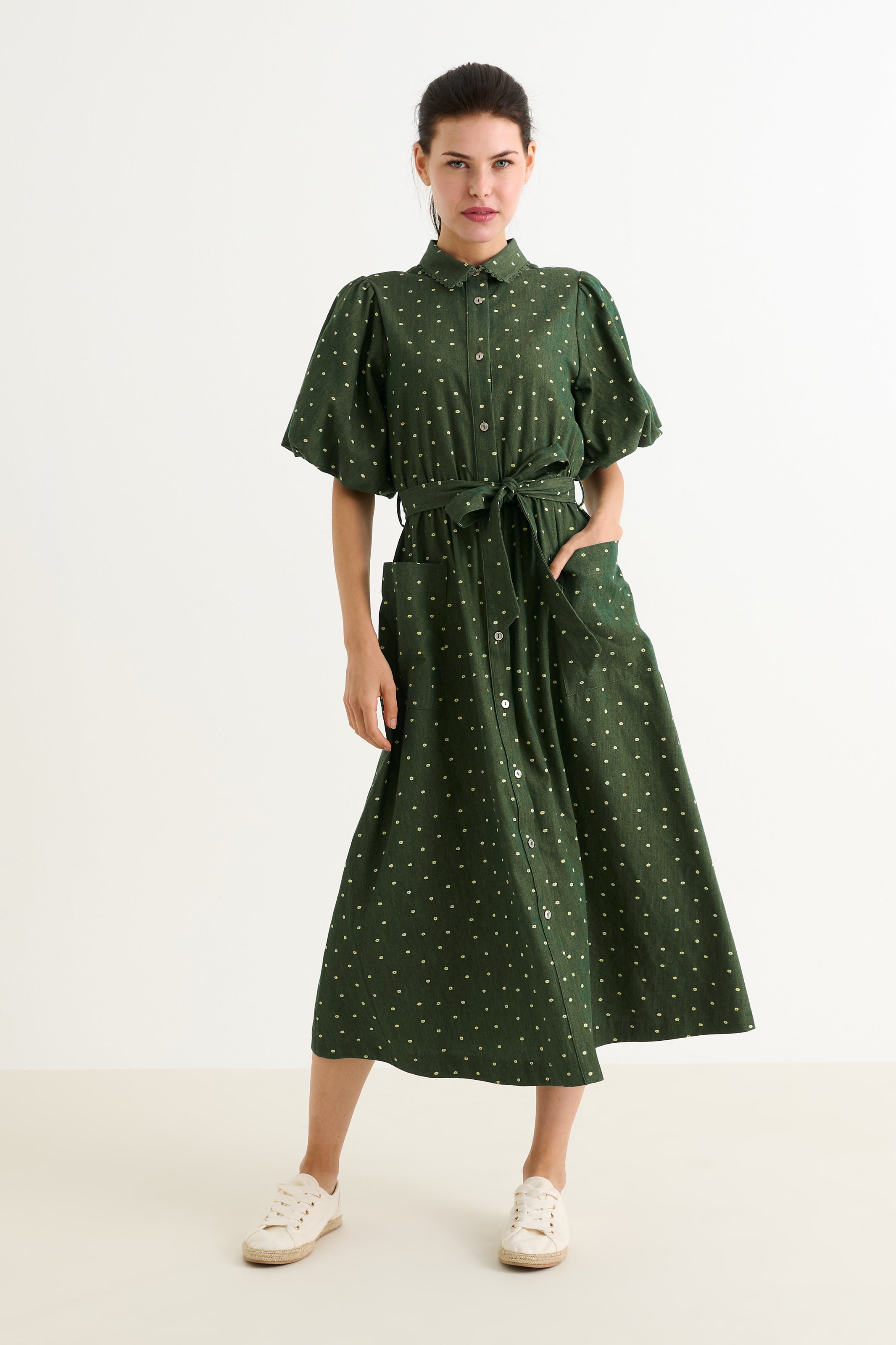 Lola Flower Dot Print Balloon Sleeve Shirtdress - Fern Green