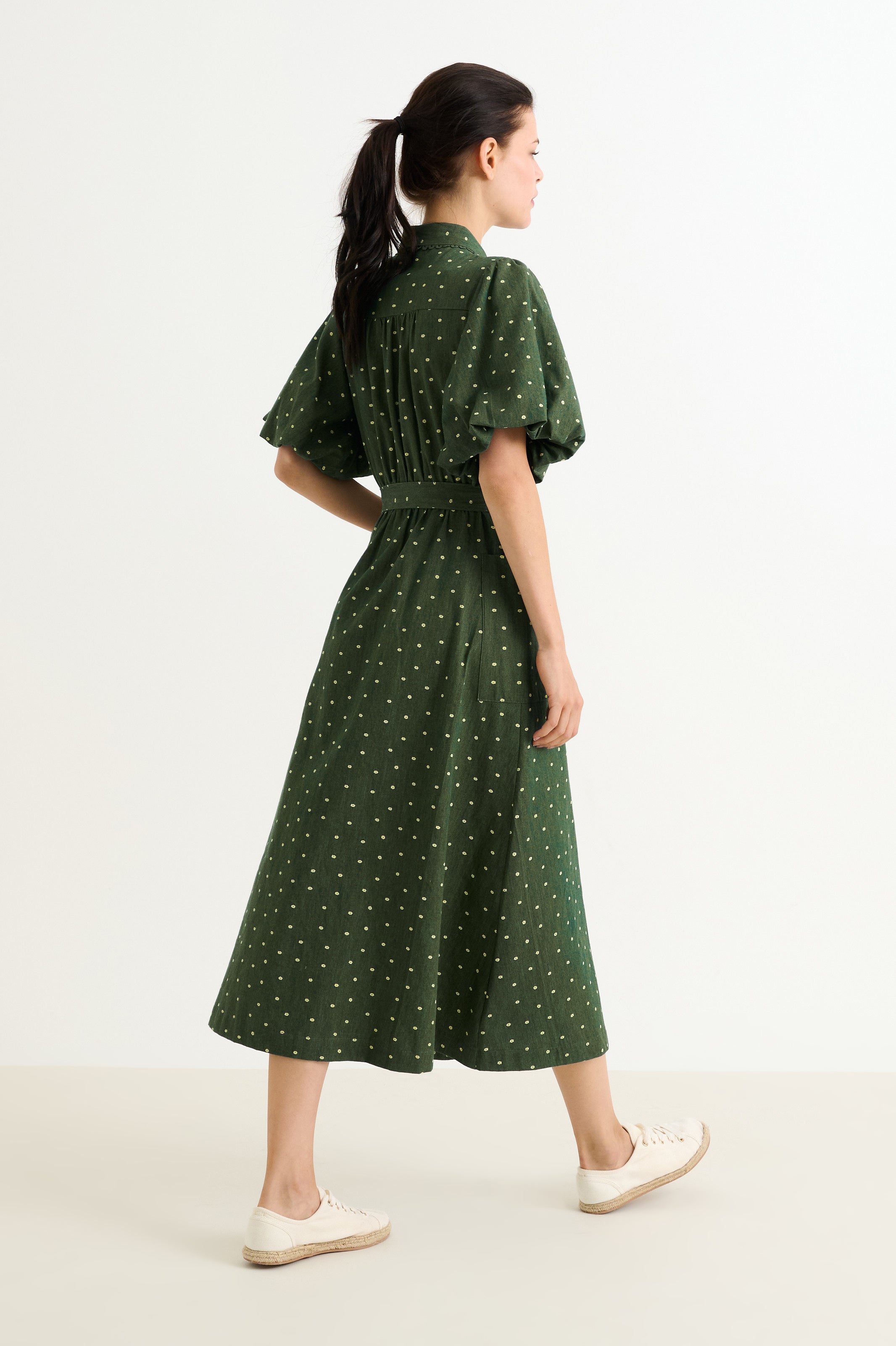 Lola Flower Dot Print Balloon Sleeve Shirtdress - Fern Green