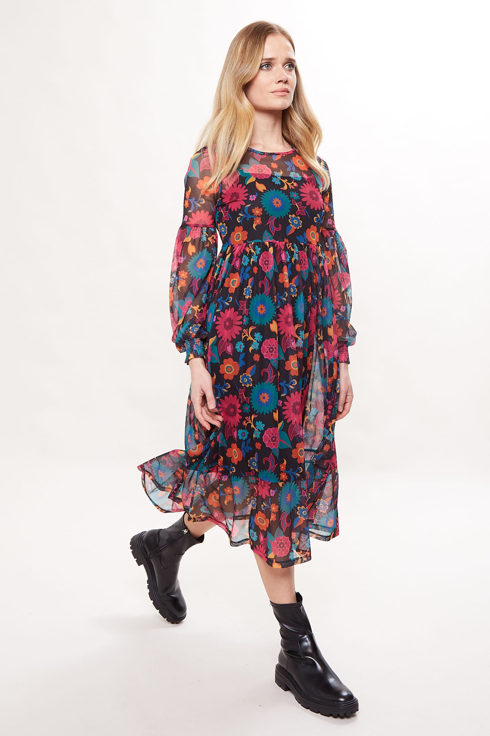 Lucinda 70'S Floral Printed Mesh Tiered Midi Dress - Styled