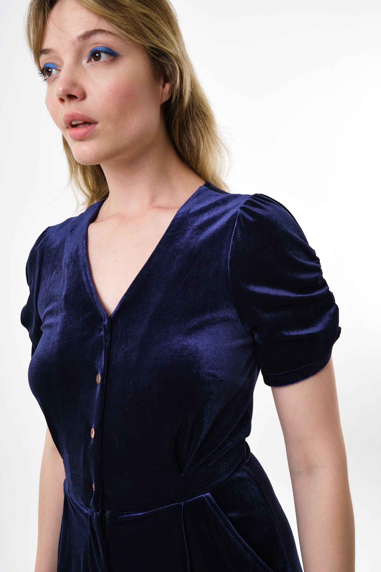 Lyes Velvet Short Sleeved Jumpsuit - Navy - Detail 2