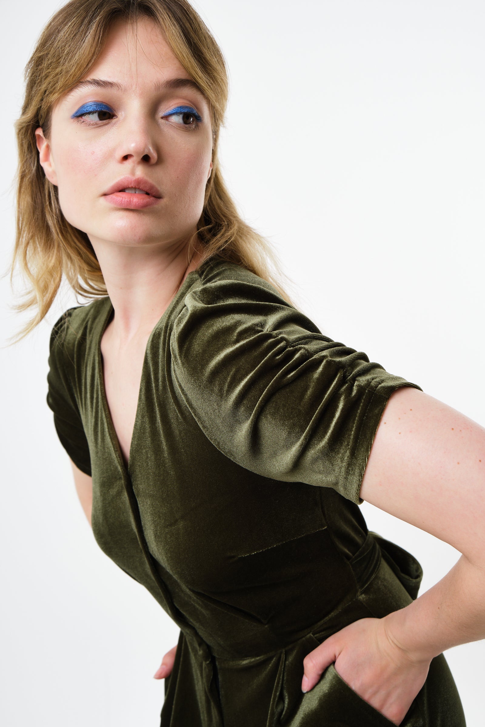 Lyes Velvet Short Sleeved Jumpsuit - Sage - Detail 1